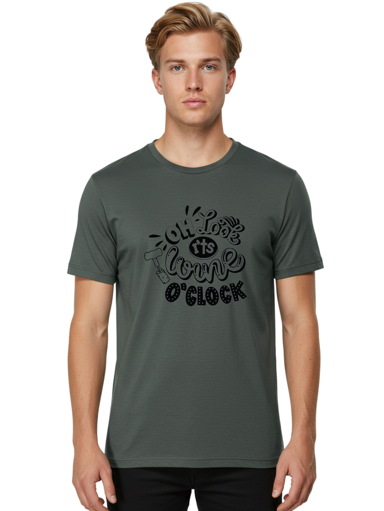 Oh-Look-R-Ts-Loone-O-Clock Men'S Graphic Tee, 100% Cotton, Comfortable Casual Summer Wear, Machine Washable, Humorous Typography, Quirky Clock, Playful Design, Whimsical Art, Connie, Cartoon Style, Black And Green, Funny Quotes Aad981