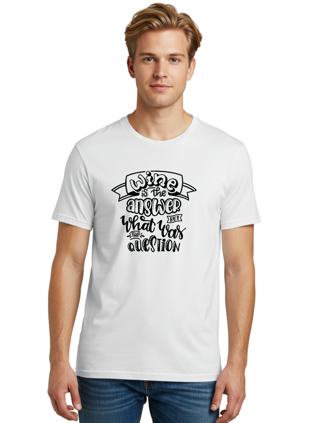 Wine-Is-The-Answer Men'S Graphic Tee, 100% Cotton, Comfortable Casual Summer Wear, Machine Washable, Wine Quotes, Funny Sayings, Hand Lettering, Typography, Humor, Wine Lovers, Witty Phrases, Comedic Relief, Drinking Quotes Aad988