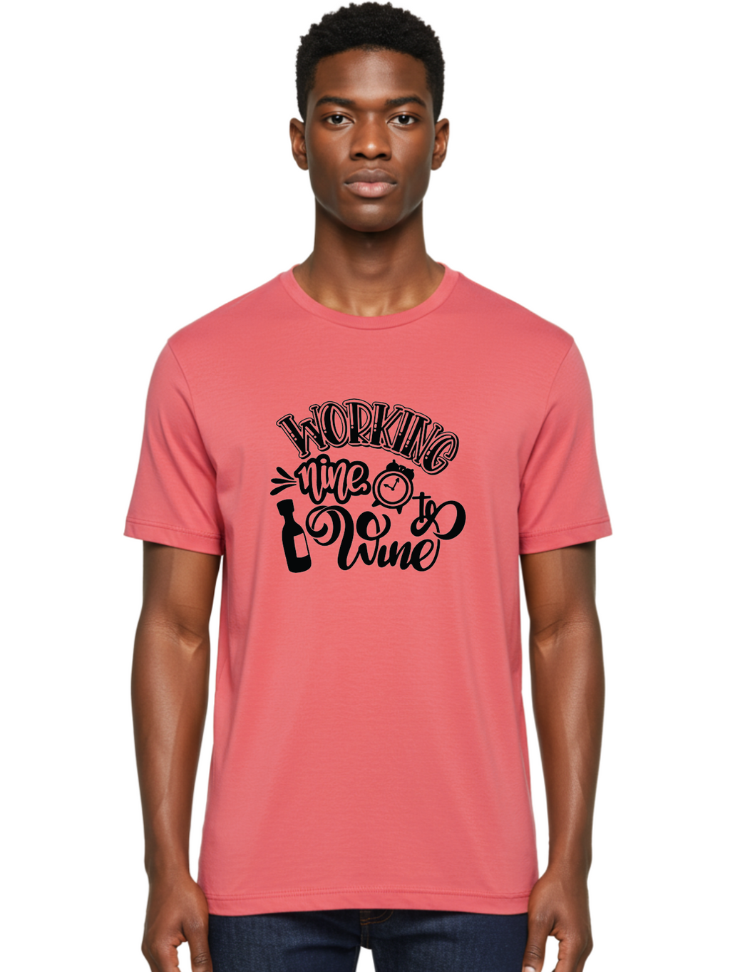 Working-Nine-To-Wine Men'S Graphic Tee, 100% Cotton, Comfortable Casual Summer Wear, Machine Washable, Wine Bottle, Clock, Pun On Working Nine To Five, Humorous Quote, Funny Design, Wine Lover, Office Humor, Wine Culture Aad989
