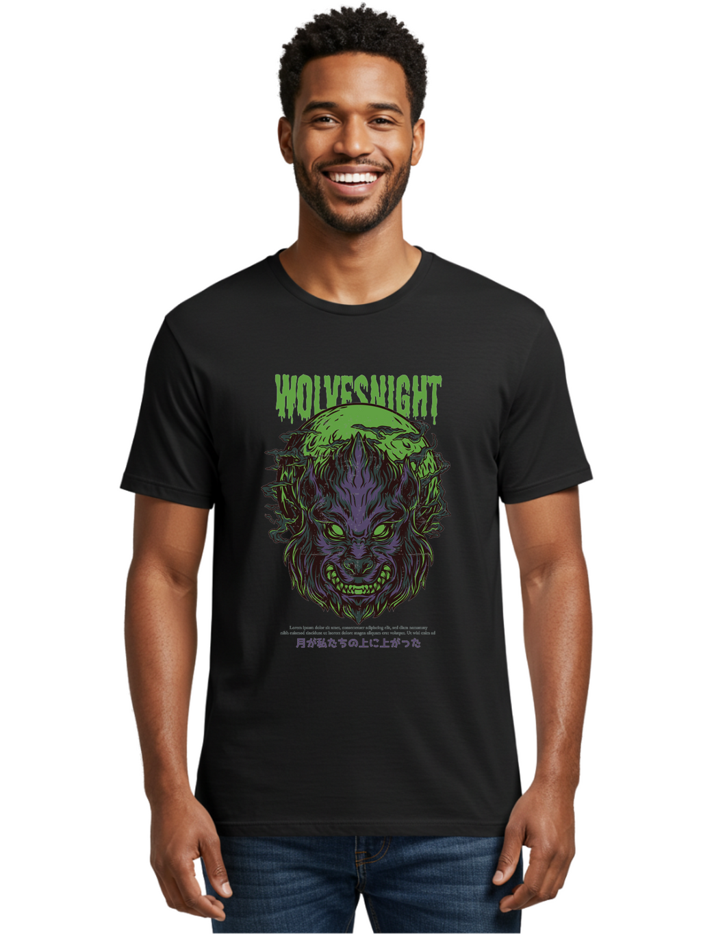 Wolvesnight Men'S Graphic Tee, 100% Cotton, Comfortable Casual Summer Wear, Machine Washable, Werewolf Illustration, Full Moon, Sharp Teeth, Glowing Eyes, Horror Theme, Dark Art, Mystical Creature, Legend Of The Wolf, Japanese Text, Aad991
