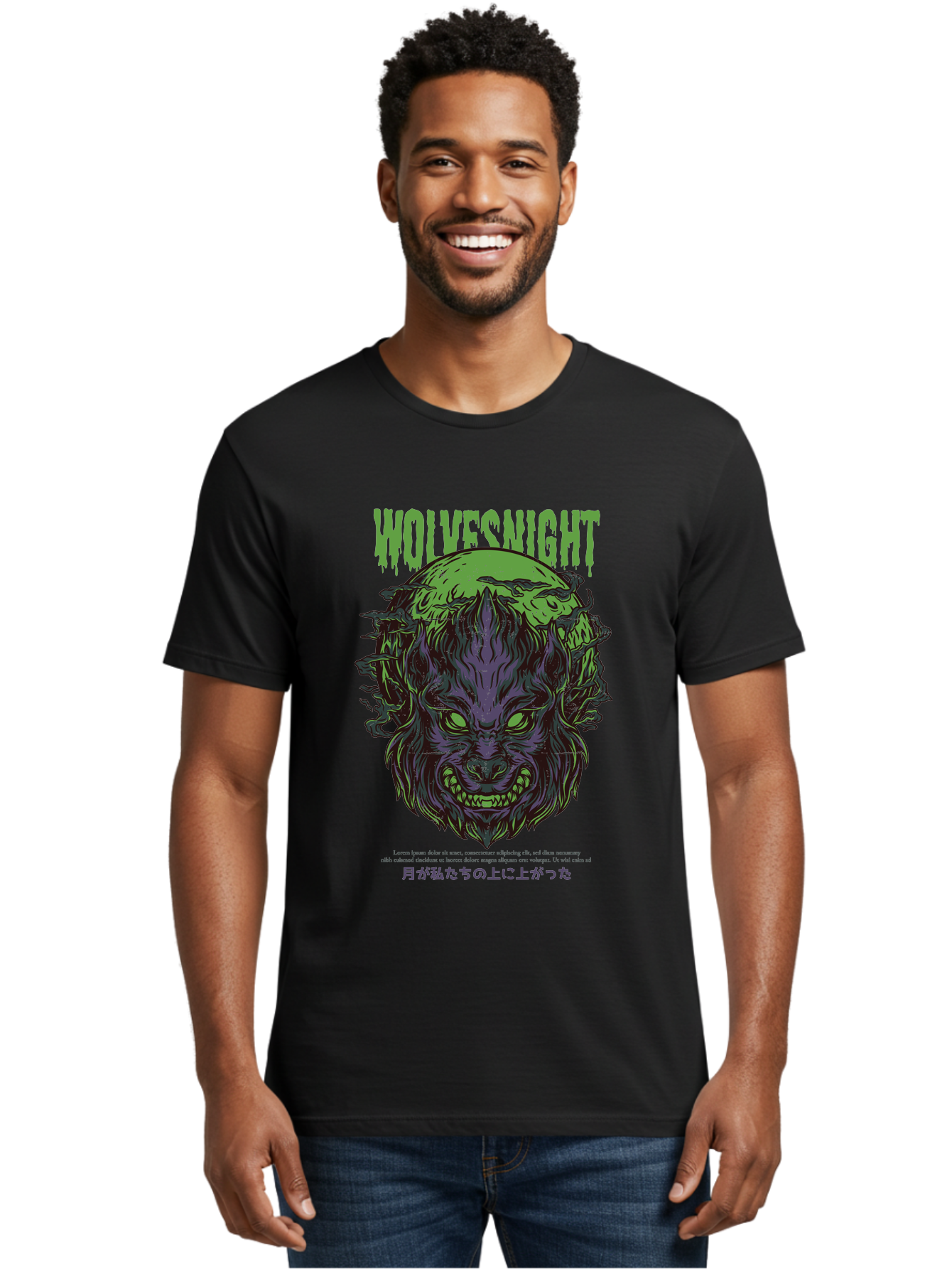 Wolvesnight Men'S Graphic Tee, 100% Cotton, Comfortable Casual Summer Wear, Machine Washable, Werewolf Illustration, Full Moon, Sharp Teeth, Glowing Eyes, Horror Theme, Dark Art, Mystical Creature, Legend Of The Wolf, Japanese Text, Aad991