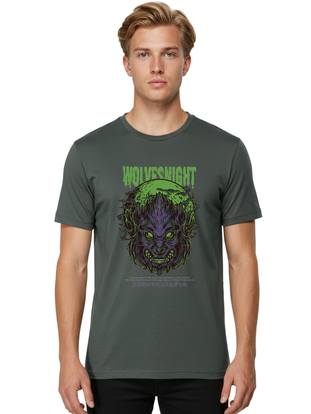 Wolvesnight Men'S Graphic Tee, 100% Cotton, Comfortable Casual Summer Wear, Machine Washable, Werewolf Illustration, Full Moon, Sharp Teeth, Glowing Eyes, Horror Theme, Dark Art, Mystical Creature, Legend Of The Wolf, Japanese Text, Aad991