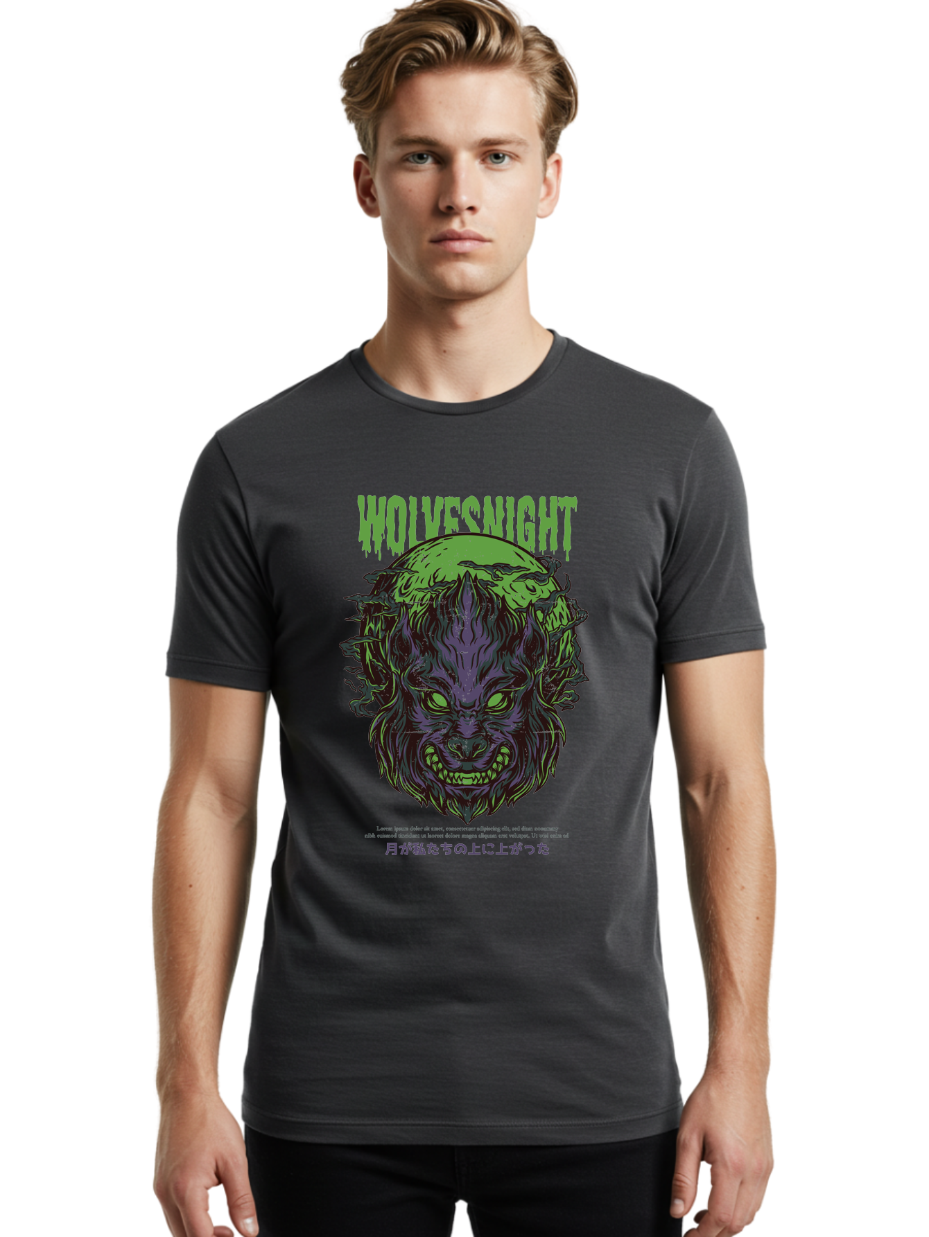 Wolvesnight Men'S Graphic Tee, 100% Cotton, Comfortable Casual Summer Wear, Machine Washable, Werewolf Illustration, Full Moon, Sharp Teeth, Glowing Eyes, Horror Theme, Dark Art, Mystical Creature, Legend Of The Wolf, Japanese Text, Aad991