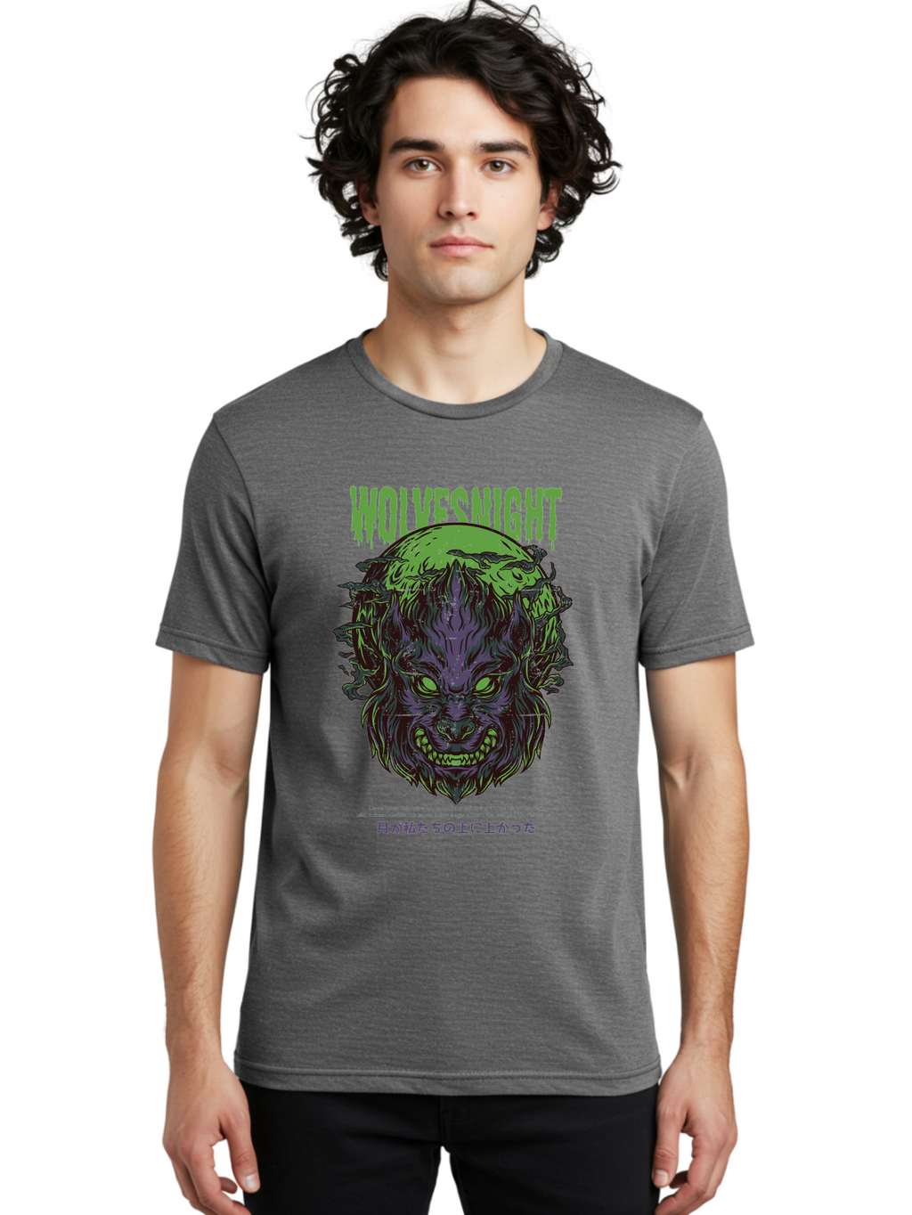 Wolvesnight Men'S Graphic Tee, 100% Cotton, Comfortable Casual Summer Wear, Machine Washable, Werewolf Illustration, Full Moon, Sharp Teeth, Glowing Eyes, Horror Theme, Dark Art, Mystical Creature, Legend Of The Wolf, Japanese Text, Aad991