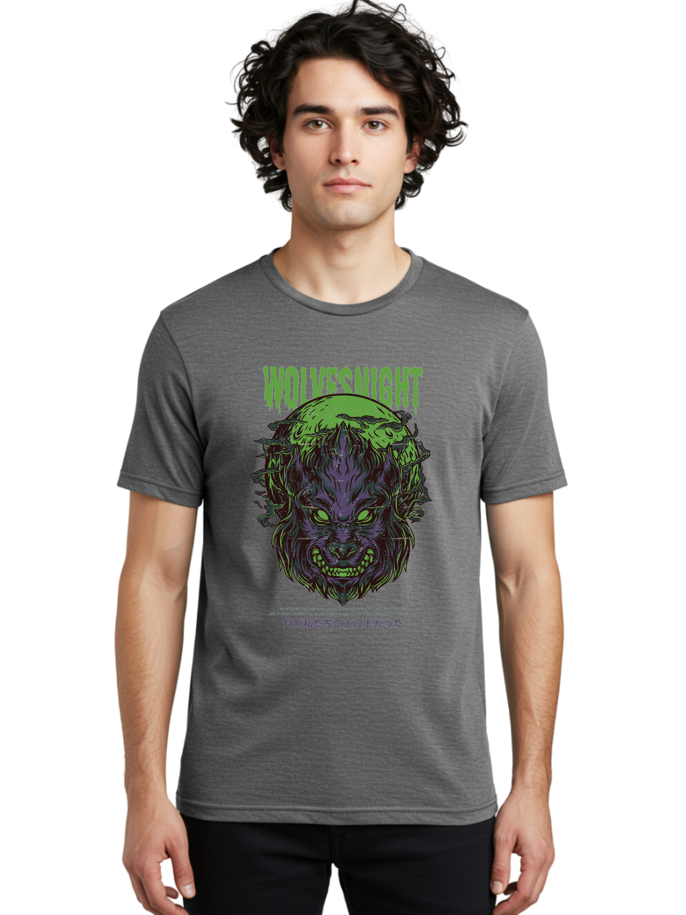 Wolvesnight Men'S Graphic Tee, 100% Cotton, Comfortable Casual Summer Wear, Machine Washable, Werewolf Illustration, Full Moon, Sharp Teeth, Glowing Eyes, Horror Theme, Dark Art, Mystical Creature, Legend Of The Wolf, Japanese Text, Aad991