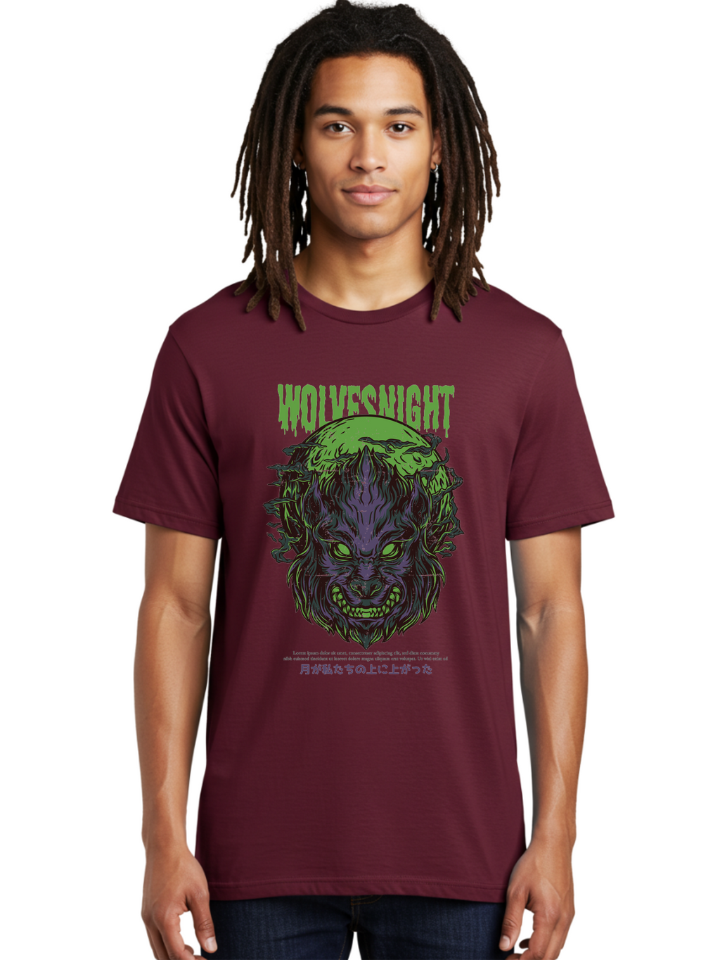 Wolvesnight Men'S Graphic Tee, 100% Cotton, Comfortable Casual Summer Wear, Machine Washable, Werewolf Illustration, Full Moon, Sharp Teeth, Glowing Eyes, Horror Theme, Dark Art, Mystical Creature, Legend Of The Wolf, Japanese Text, Aad991