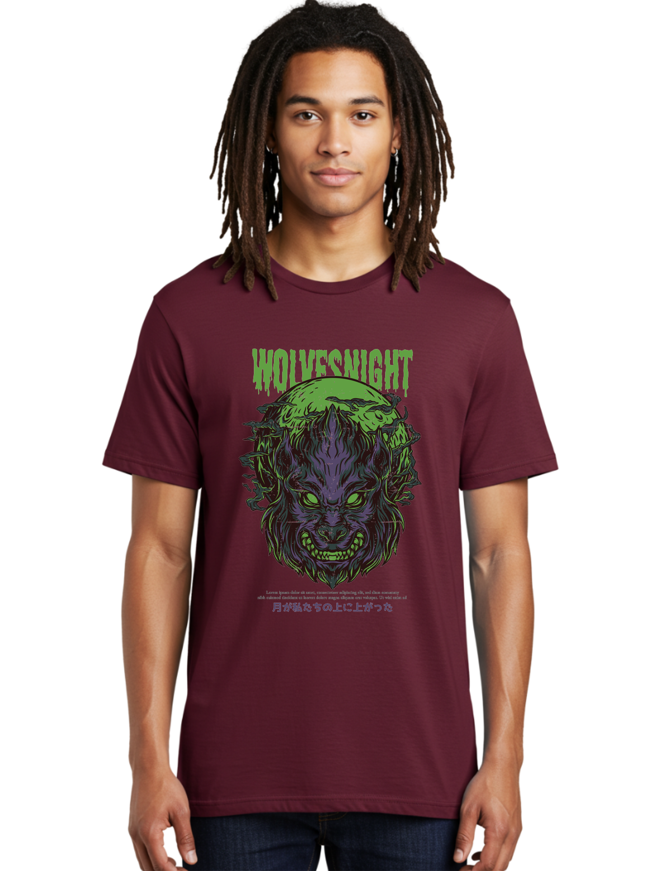 Wolvesnight Men'S Graphic Tee, 100% Cotton, Comfortable Casual Summer Wear, Machine Washable, Werewolf Illustration, Full Moon, Sharp Teeth, Glowing Eyes, Horror Theme, Dark Art, Mystical Creature, Legend Of The Wolf, Japanese Text, Aad991