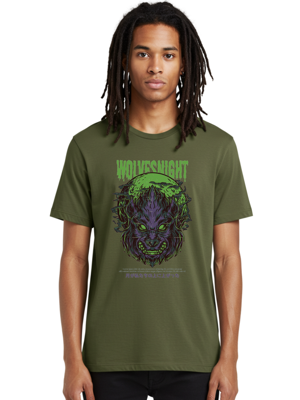 Wolvesnight Men'S Graphic Tee, 100% Cotton, Comfortable Casual Summer Wear, Machine Washable, Werewolf Illustration, Full Moon, Sharp Teeth, Glowing Eyes, Horror Theme, Dark Art, Mystical Creature, Legend Of The Wolf, Japanese Text, Aad991