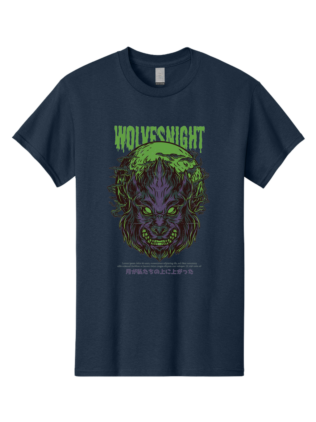 Wolvesnight Men'S Graphic Tee, 100% Cotton, Comfortable Casual Summer Wear, Machine Washable, Werewolf Illustration, Full Moon, Sharp Teeth, Glowing Eyes, Horror Theme, Dark Art, Mystical Creature, Legend Of The Wolf, Japanese Text, Aad991