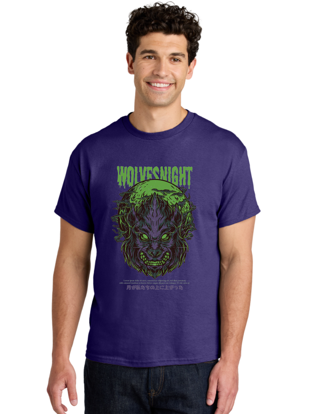 Wolvesnight Men'S Graphic Tee, 100% Cotton, Comfortable Casual Summer Wear, Machine Washable, Werewolf Illustration, Full Moon, Sharp Teeth, Glowing Eyes, Horror Theme, Dark Art, Mystical Creature, Legend Of The Wolf, Japanese Text, Aad991