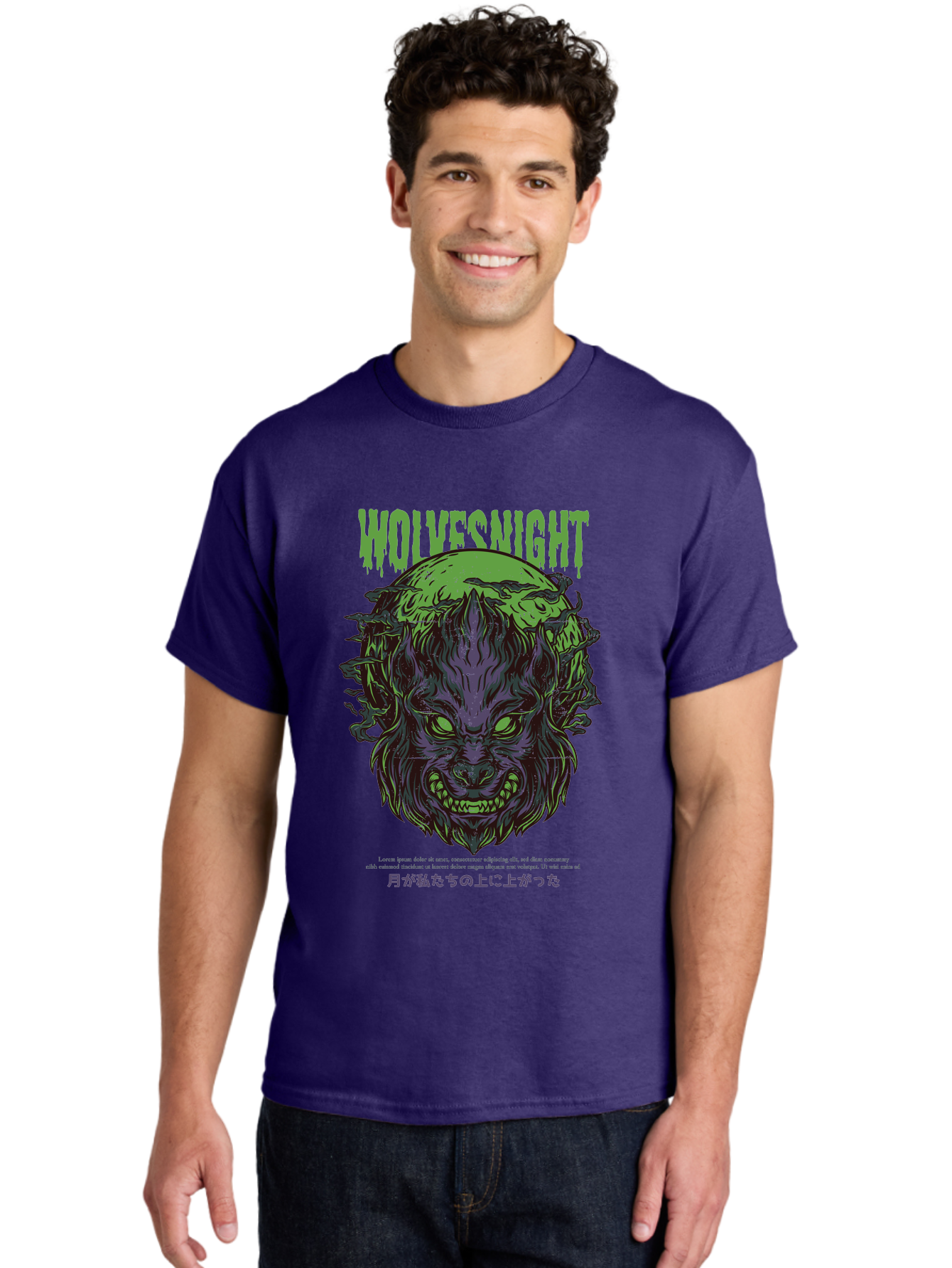 Wolvesnight Men'S Graphic Tee, 100% Cotton, Comfortable Casual Summer Wear, Machine Washable, Werewolf Illustration, Full Moon, Sharp Teeth, Glowing Eyes, Horror Theme, Dark Art, Mystical Creature, Legend Of The Wolf, Japanese Text, Aad991