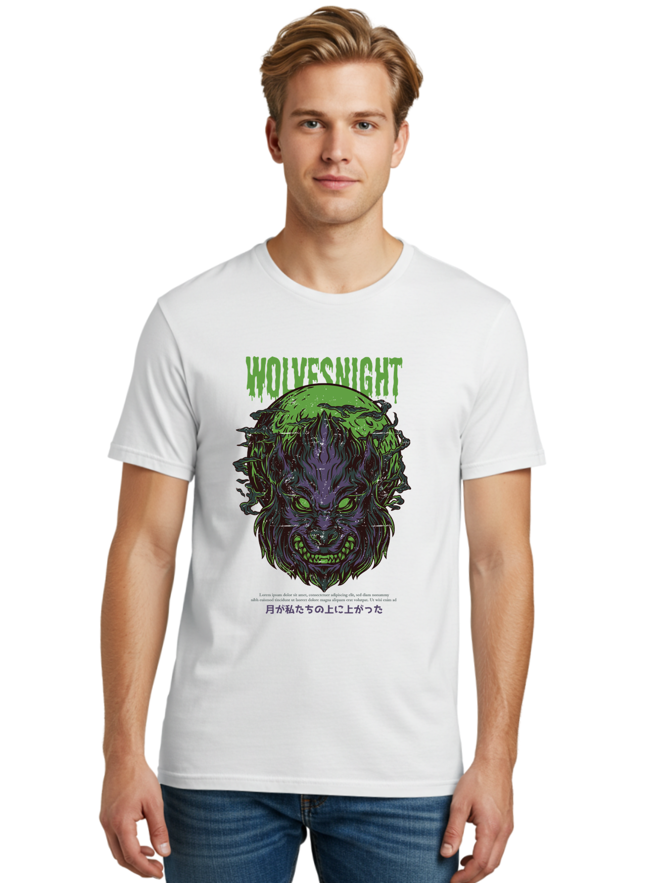 Wolvesnight Men'S Graphic Tee, 100% Cotton, Comfortable Casual Summer Wear, Machine Washable, Werewolf Illustration, Full Moon, Sharp Teeth, Glowing Eyes, Horror Theme, Dark Art, Mystical Creature, Legend Of The Wolf, Japanese Text, Aad991