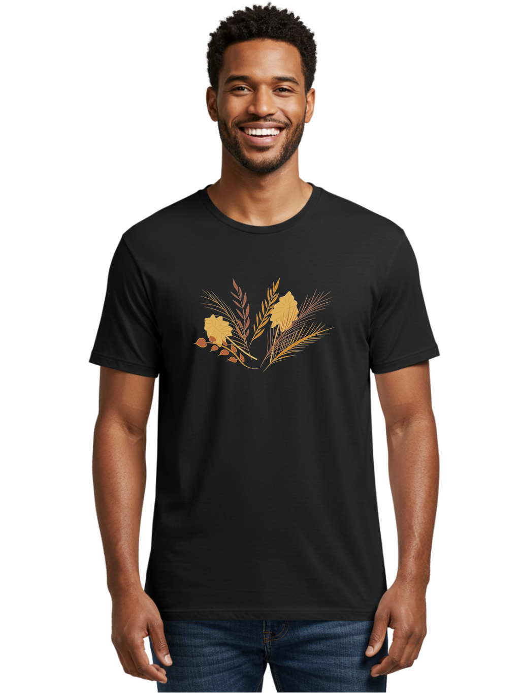 Autumn-Leaves-And-Grass Men'S Graphic Tee, 100% Cotton, Comfortable Casual Summer Wear, Machine Washable, Autumn Leaves, Wheat Stalks, Fall Foliage, Seasonal Artwork, Stylized Illustration, Orange And Red Hues, Graphic Design Elements, Aad993