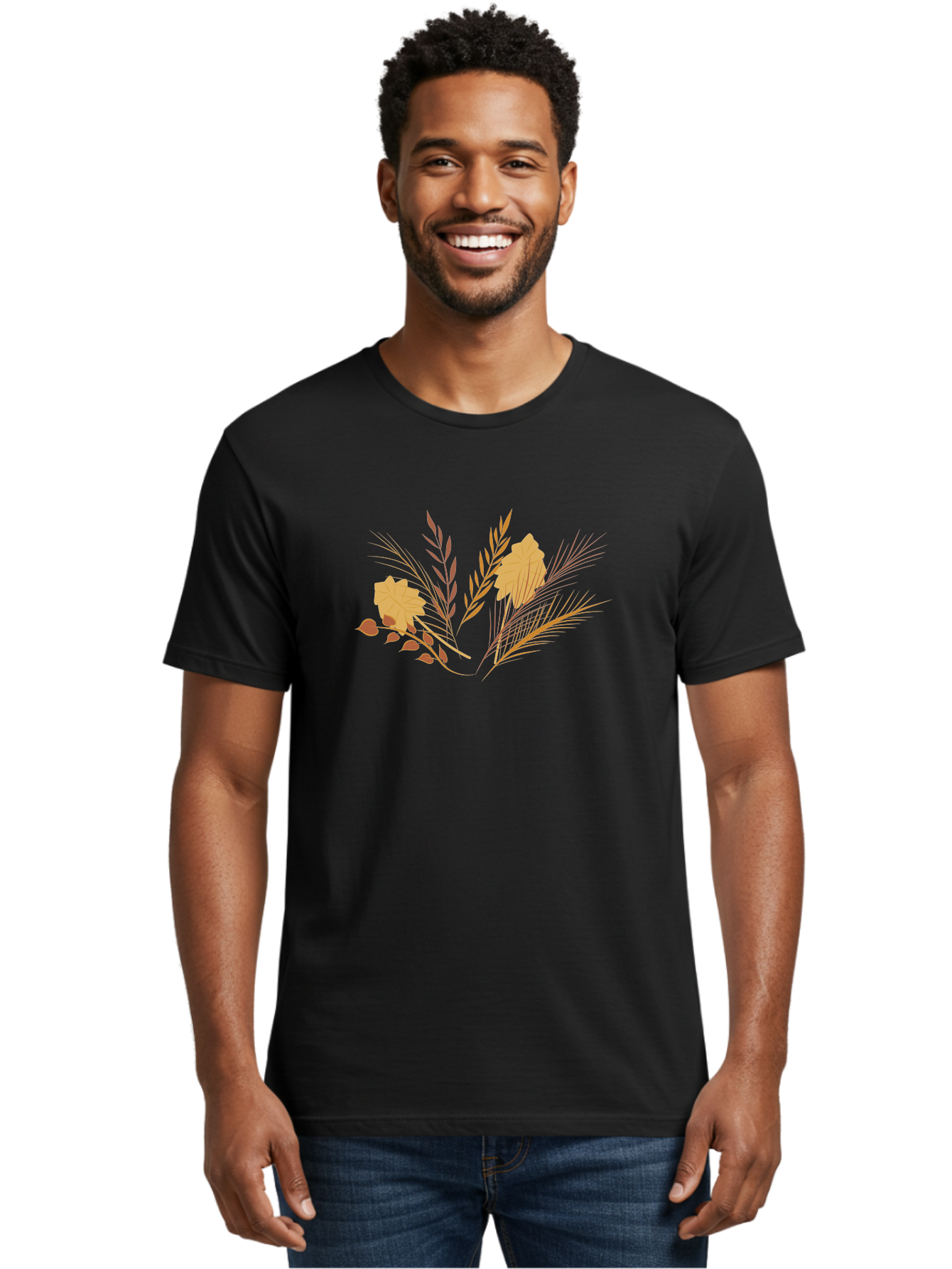 Autumn-Leaves-And-Grass Men'S Graphic Tee, 100% Cotton, Comfortable Casual Summer Wear, Machine Washable, Autumn Leaves, Wheat Stalks, Fall Foliage, Seasonal Artwork, Stylized Illustration, Orange And Red Hues, Graphic Design Elements, Aad993