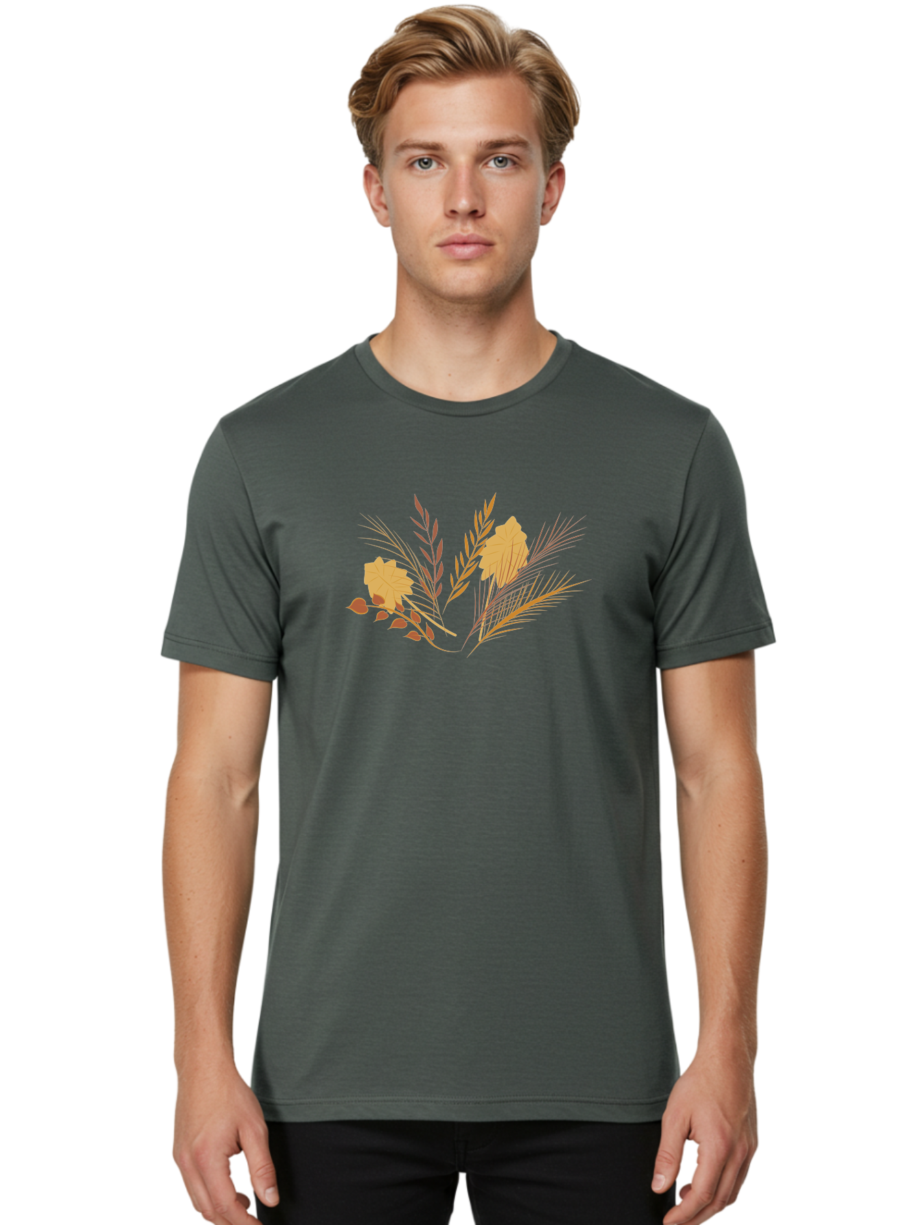 Autumn-Leaves-And-Grass Men'S Graphic Tee, 100% Cotton, Comfortable Casual Summer Wear, Machine Washable, Autumn Leaves, Wheat Stalks, Fall Foliage, Seasonal Artwork, Stylized Illustration, Orange And Red Hues, Graphic Design Elements, Aad993