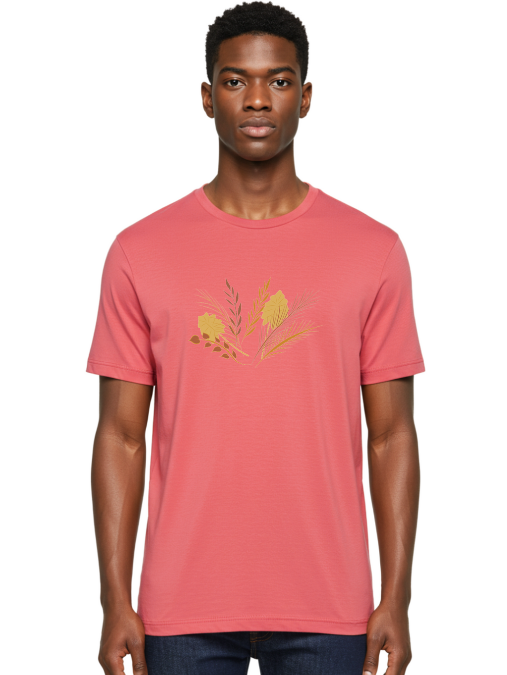 Autumn-Leaves-And-Grass Men'S Graphic Tee, 100% Cotton, Comfortable Casual Summer Wear, Machine Washable, Autumn Leaves, Wheat Stalks, Fall Foliage, Seasonal Artwork, Stylized Illustration, Orange And Red Hues, Graphic Design Elements, Aad993