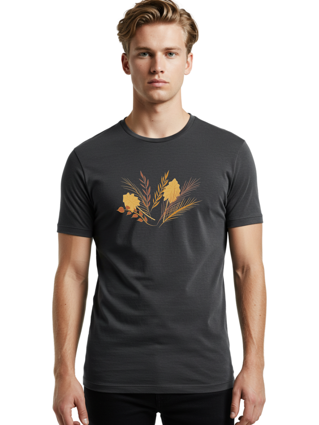 Autumn-Leaves-And-Grass Men'S Graphic Tee, 100% Cotton, Comfortable Casual Summer Wear, Machine Washable, Autumn Leaves, Wheat Stalks, Fall Foliage, Seasonal Artwork, Stylized Illustration, Orange And Red Hues, Graphic Design Elements, Aad993