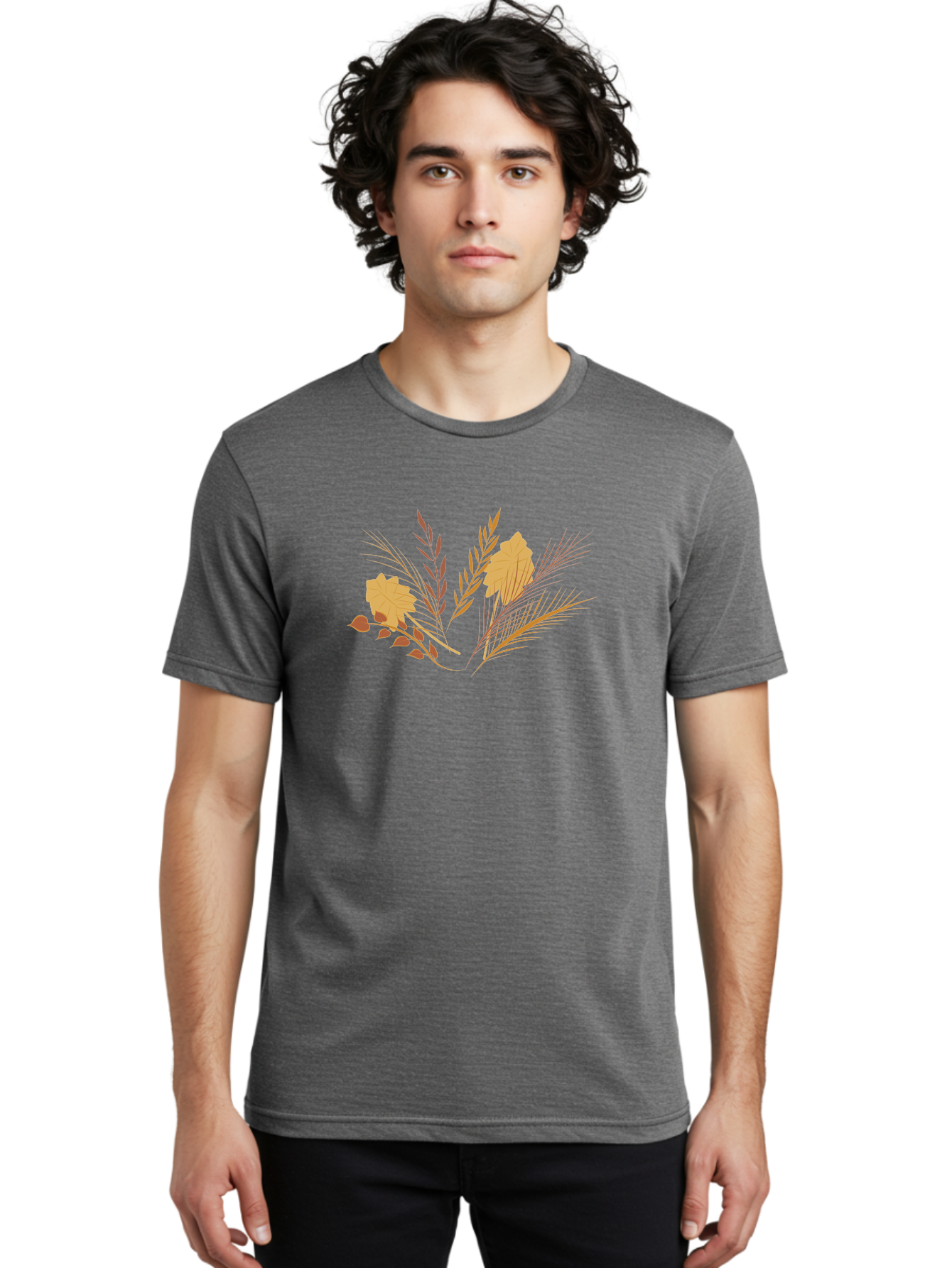 Autumn-Leaves-And-Grass Men'S Graphic Tee, 100% Cotton, Comfortable Casual Summer Wear, Machine Washable, Autumn Leaves, Wheat Stalks, Fall Foliage, Seasonal Artwork, Stylized Illustration, Orange And Red Hues, Graphic Design Elements, Aad993