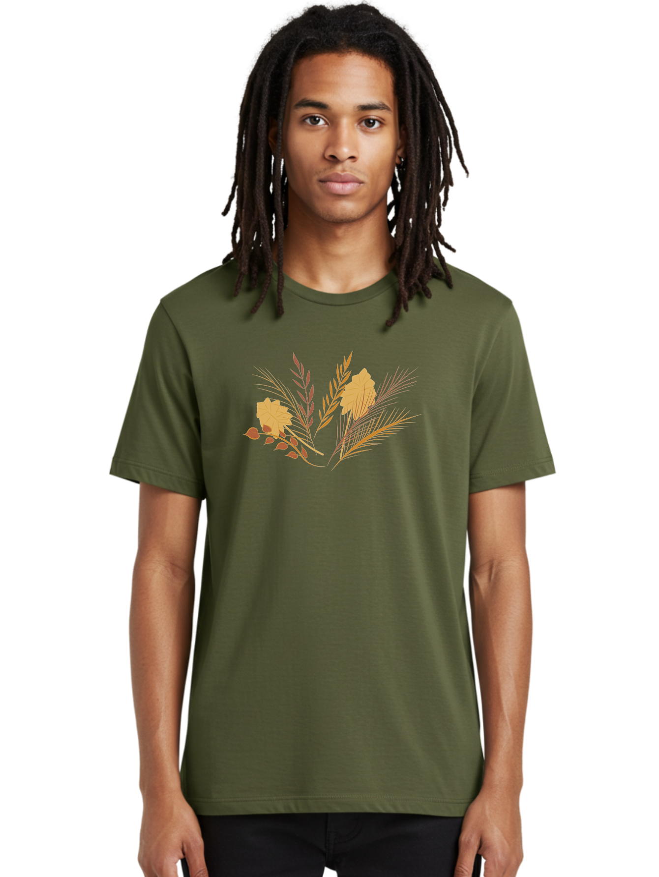 Autumn-Leaves-And-Grass Men'S Graphic Tee, 100% Cotton, Comfortable Casual Summer Wear, Machine Washable, Autumn Leaves, Wheat Stalks, Fall Foliage, Seasonal Artwork, Stylized Illustration, Orange And Red Hues, Graphic Design Elements, Aad993
