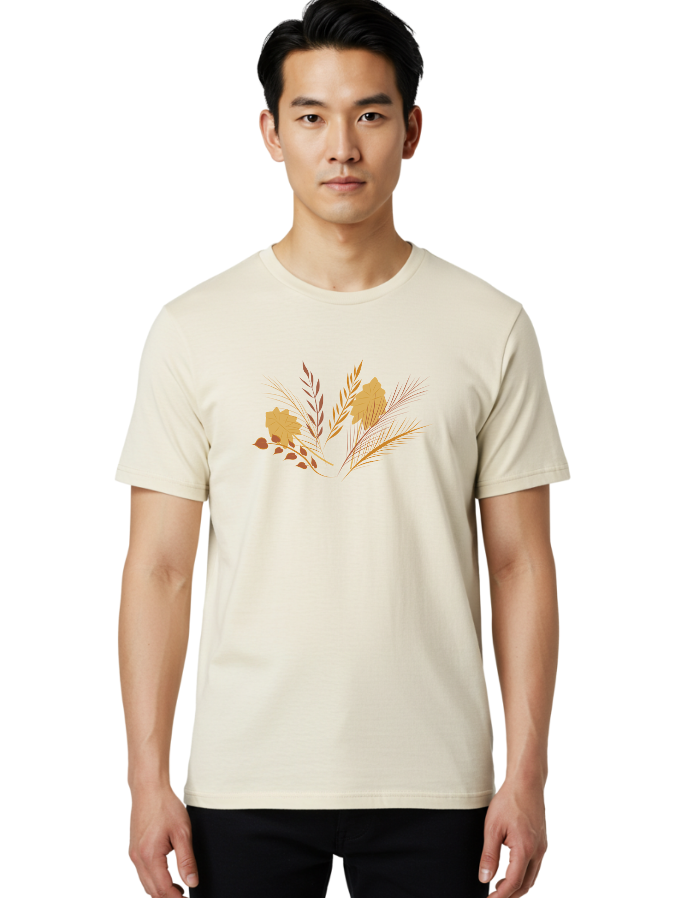 Autumn-Leaves-And-Grass Men'S Graphic Tee, 100% Cotton, Comfortable Casual Summer Wear, Machine Washable, Autumn Leaves, Wheat Stalks, Fall Foliage, Seasonal Artwork, Stylized Illustration, Orange And Red Hues, Graphic Design Elements, Aad993