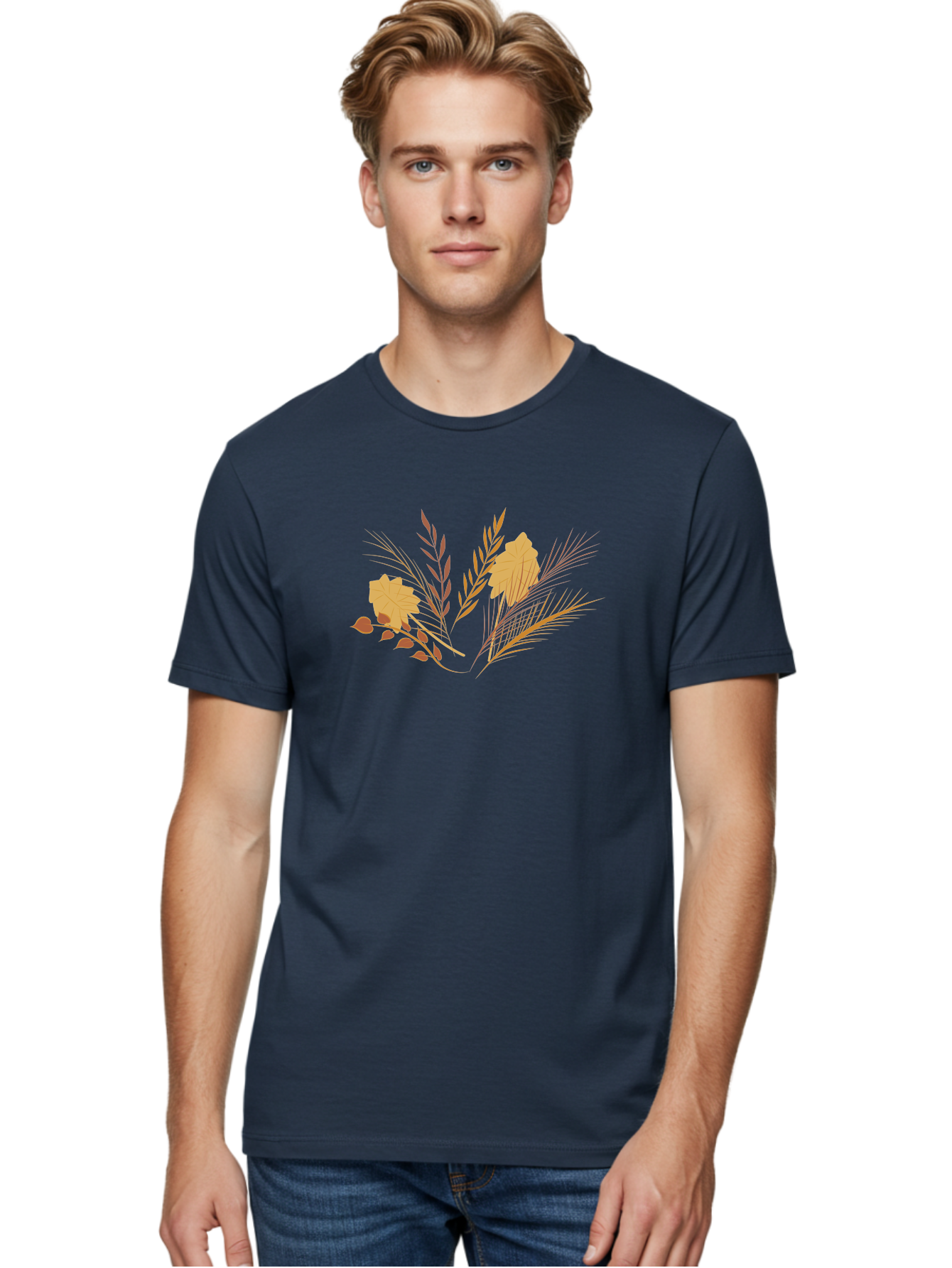 Autumn-Leaves-And-Grass Men'S Graphic Tee, 100% Cotton, Comfortable Casual Summer Wear, Machine Washable, Autumn Leaves, Wheat Stalks, Fall Foliage, Seasonal Artwork, Stylized Illustration, Orange And Red Hues, Graphic Design Elements, Aad993