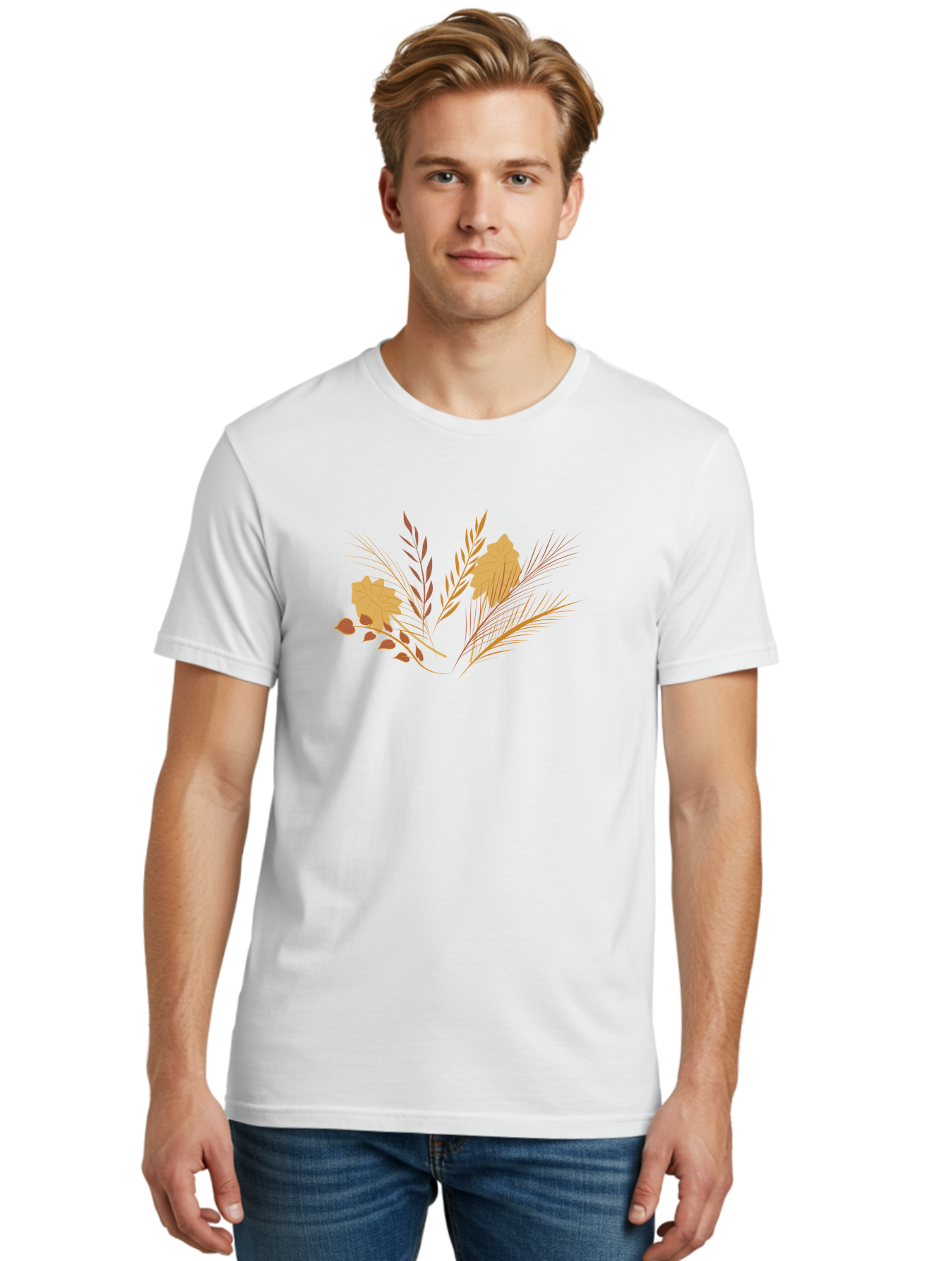 Autumn-Leaves-And-Grass Men'S Graphic Tee, 100% Cotton, Comfortable Casual Summer Wear, Machine Washable, Autumn Leaves, Wheat Stalks, Fall Foliage, Seasonal Artwork, Stylized Illustration, Orange And Red Hues, Graphic Design Elements, Aad993