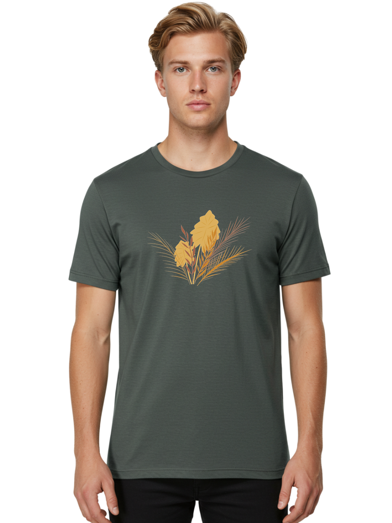 Autumn-Leaves Men'S Graphic Tee, 100% Cotton, Comfortable Casual Summer Wear, Machine Washable, Autumn Leaves, Fall Foliage, Nature Illustration, Stylized Plants, Graphic Design Elements, Digital Art, Orange Leaves, Red Stalks, Aad994