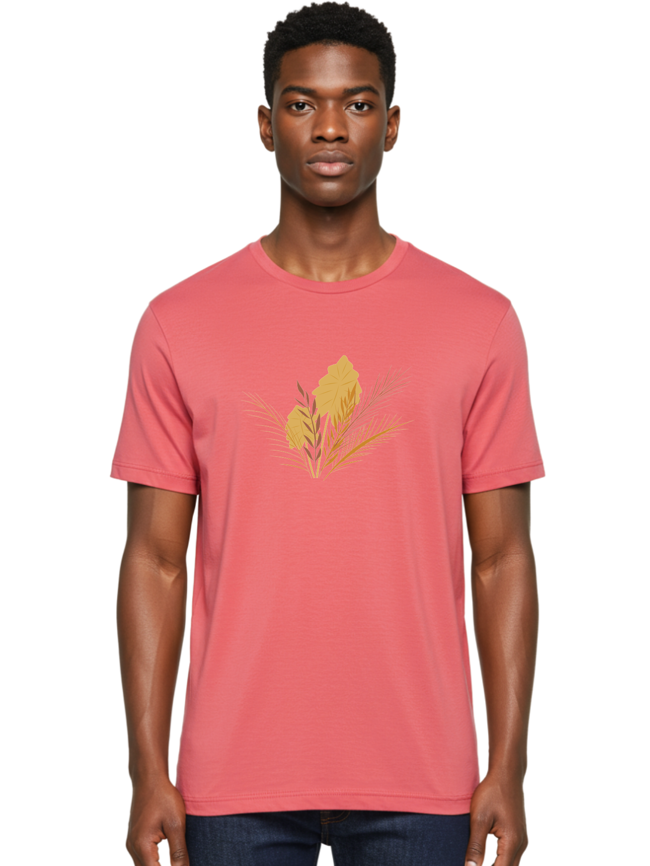 Autumn-Leaves Men'S Graphic Tee, 100% Cotton, Comfortable Casual Summer Wear, Machine Washable, Autumn Leaves, Fall Foliage, Nature Illustration, Stylized Plants, Graphic Design Elements, Digital Art, Orange Leaves, Red Stalks, Aad994