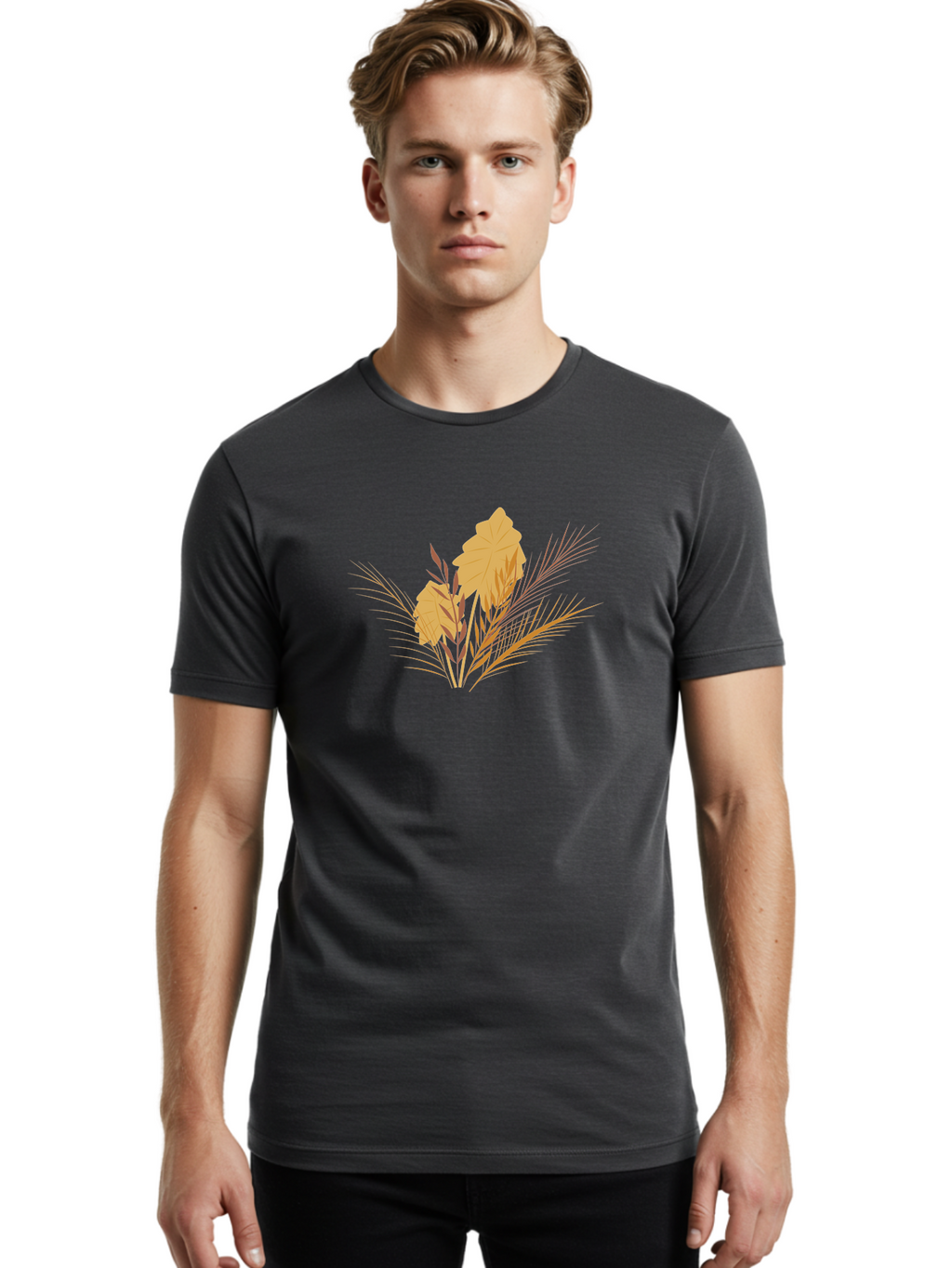 Autumn-Leaves Men'S Graphic Tee, 100% Cotton, Comfortable Casual Summer Wear, Machine Washable, Autumn Leaves, Fall Foliage, Nature Illustration, Stylized Plants, Graphic Design Elements, Digital Art, Orange Leaves, Red Stalks, Aad994