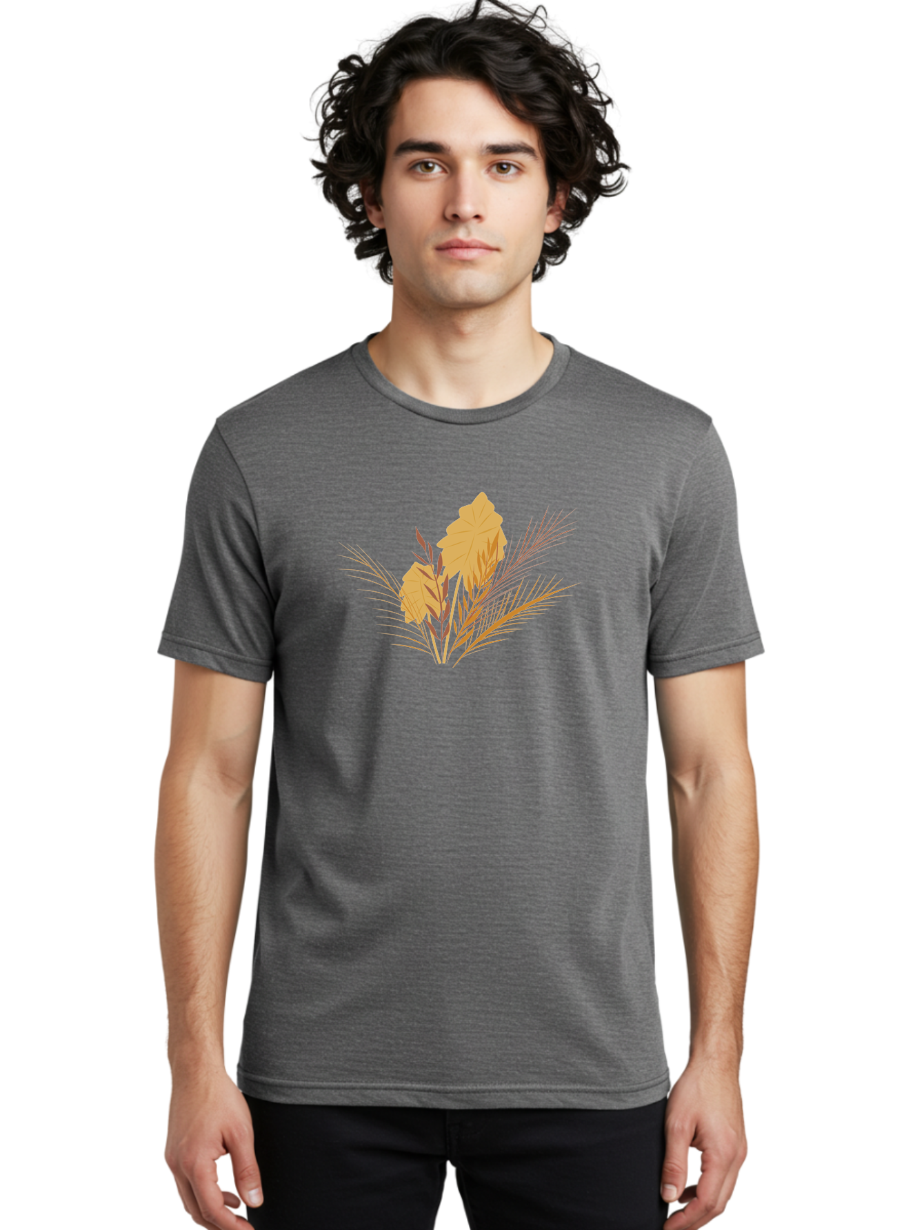 Autumn-Leaves Men'S Graphic Tee, 100% Cotton, Comfortable Casual Summer Wear, Machine Washable, Autumn Leaves, Fall Foliage, Nature Illustration, Stylized Plants, Graphic Design Elements, Digital Art, Orange Leaves, Red Stalks, Aad994