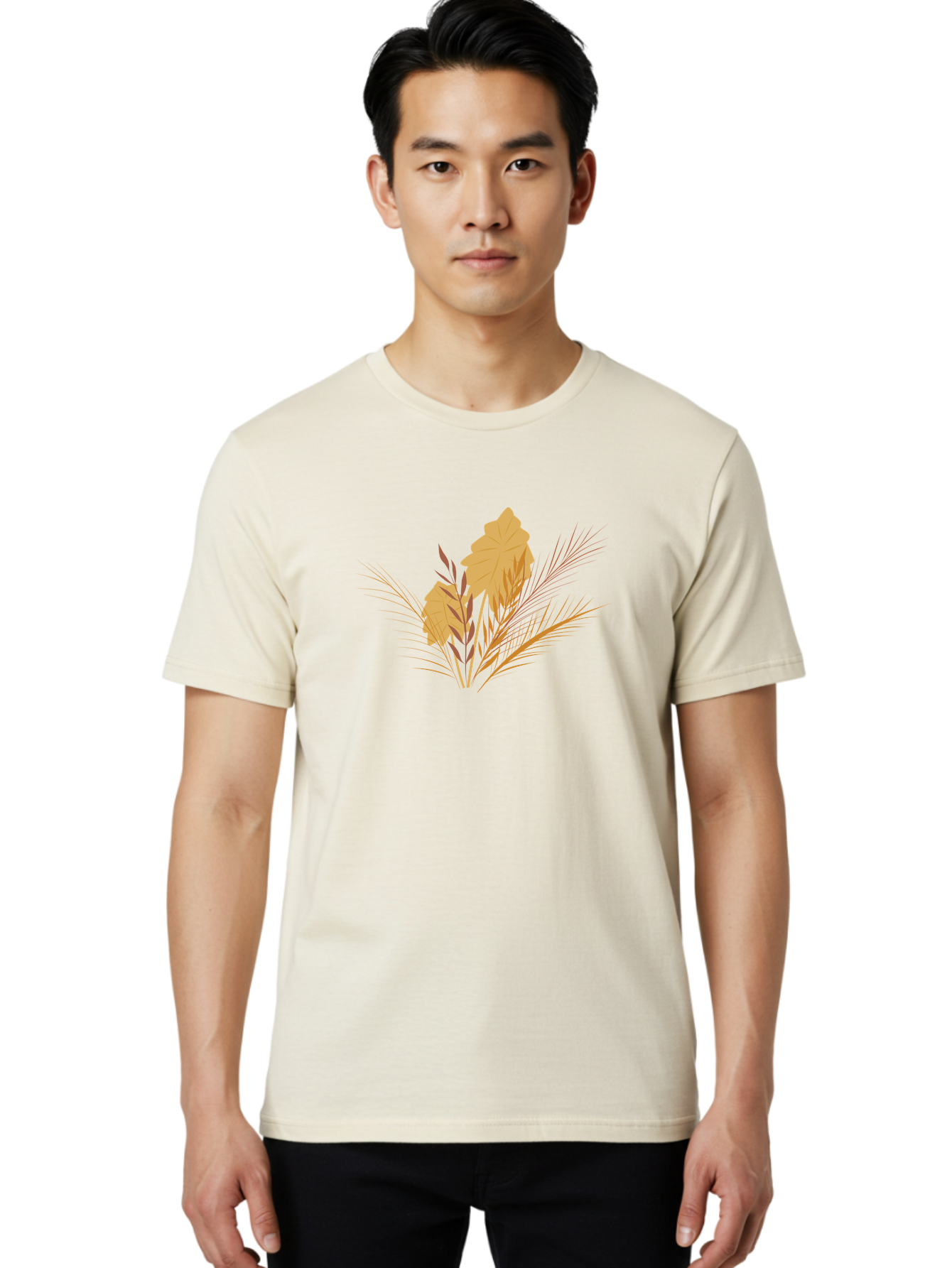 Autumn-Leaves Men'S Graphic Tee, 100% Cotton, Comfortable Casual Summer Wear, Machine Washable, Autumn Leaves, Fall Foliage, Nature Illustration, Stylized Plants, Graphic Design Elements, Digital Art, Orange Leaves, Red Stalks, Aad994