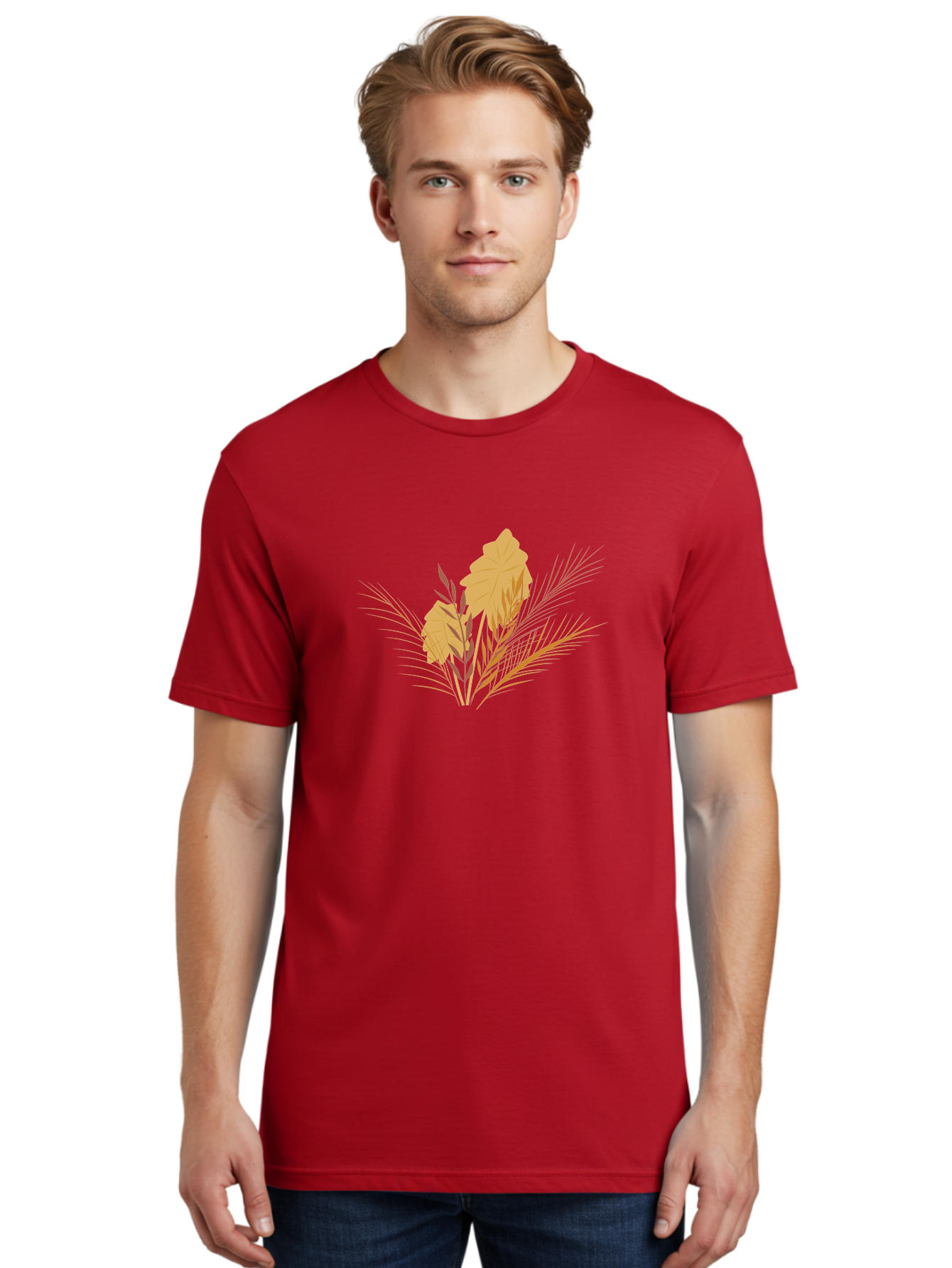 Autumn-Leaves Men'S Graphic Tee, 100% Cotton, Comfortable Casual Summer Wear, Machine Washable, Autumn Leaves, Fall Foliage, Nature Illustration, Stylized Plants, Graphic Design Elements, Digital Art, Orange Leaves, Red Stalks, Aad994
