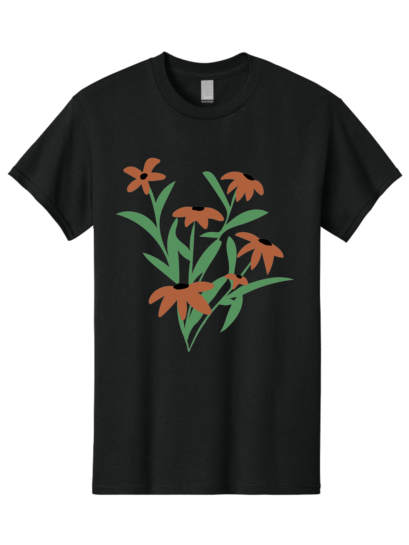 Black-Eyed-Susans-1 Men'S Graphic Tee, 100% Cotton, Comfortable Casual Summer Wear, Machine Washable, Black Eyed Susans, Orange Flowers, Green Leaves, Floral Arrangement, Abstract Art, Minimalist Design, Simple Elegance, Flower Bouquet, Aad998