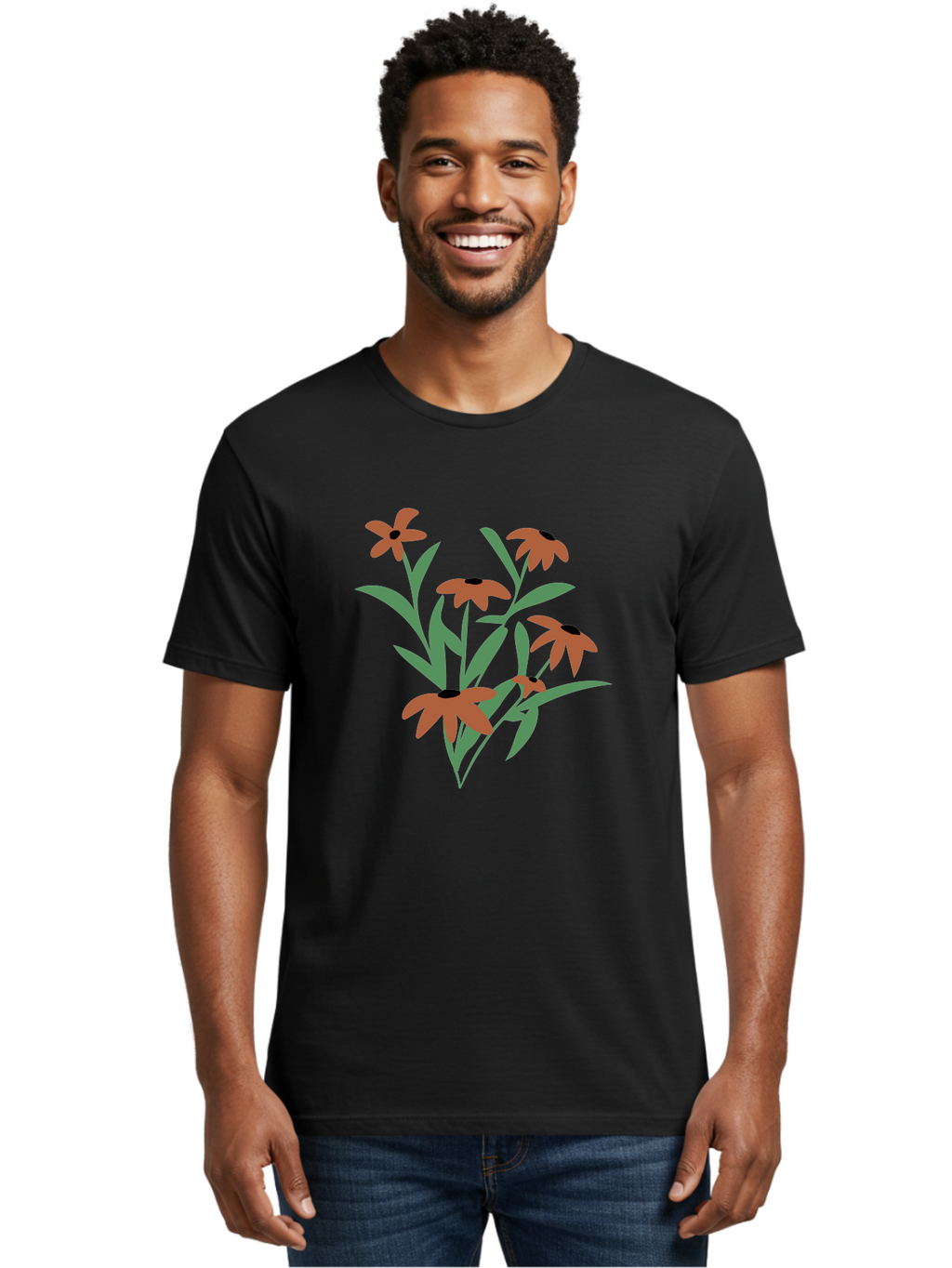 Black-Eyed-Susans-1 Men'S Graphic Tee, 100% Cotton, Comfortable Casual Summer Wear, Machine Washable, Black Eyed Susans, Orange Flowers, Green Leaves, Floral Arrangement, Abstract Art, Minimalist Design, Simple Elegance, Flower Bouquet, Aad998
