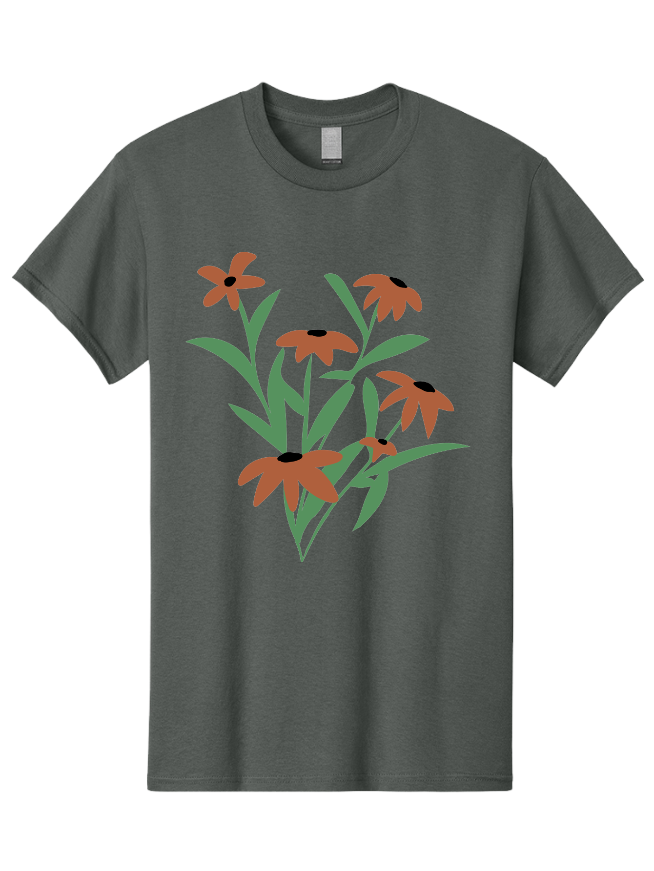 Black-Eyed-Susans-1 Men'S Graphic Tee, 100% Cotton, Comfortable Casual Summer Wear, Machine Washable, Black Eyed Susans, Orange Flowers, Green Leaves, Floral Arrangement, Abstract Art, Minimalist Design, Simple Elegance, Flower Bouquet, Aad998