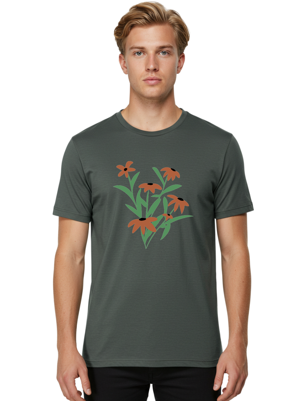 Black-Eyed-Susans-1 Men'S Graphic Tee, 100% Cotton, Comfortable Casual Summer Wear, Machine Washable, Black Eyed Susans, Orange Flowers, Green Leaves, Floral Arrangement, Abstract Art, Minimalist Design, Simple Elegance, Flower Bouquet, Aad998