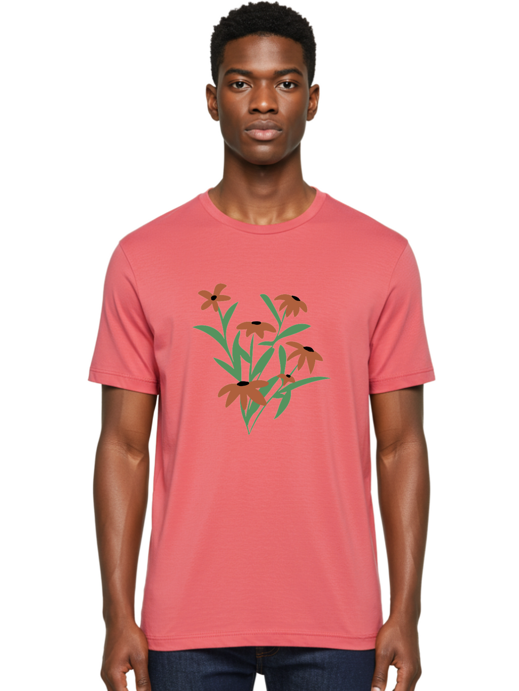 Black-Eyed-Susans-1 Men'S Graphic Tee, 100% Cotton, Comfortable Casual Summer Wear, Machine Washable, Black Eyed Susans, Orange Flowers, Green Leaves, Floral Arrangement, Abstract Art, Minimalist Design, Simple Elegance, Flower Bouquet, Aad998