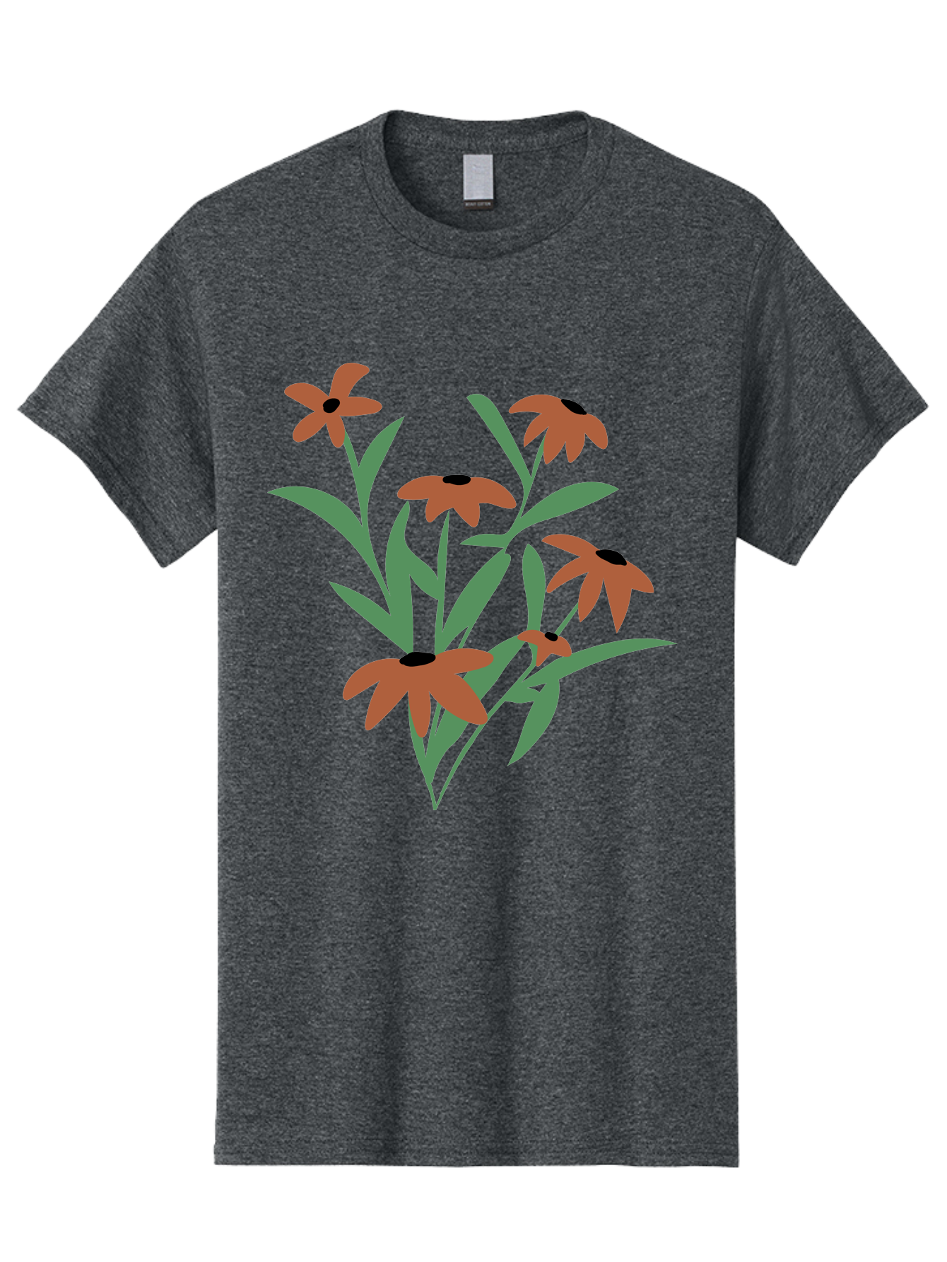 Black-Eyed-Susans-1 Men'S Graphic Tee, 100% Cotton, Comfortable Casual Summer Wear, Machine Washable, Black Eyed Susans, Orange Flowers, Green Leaves, Floral Arrangement, Abstract Art, Minimalist Design, Simple Elegance, Flower Bouquet, Aad998