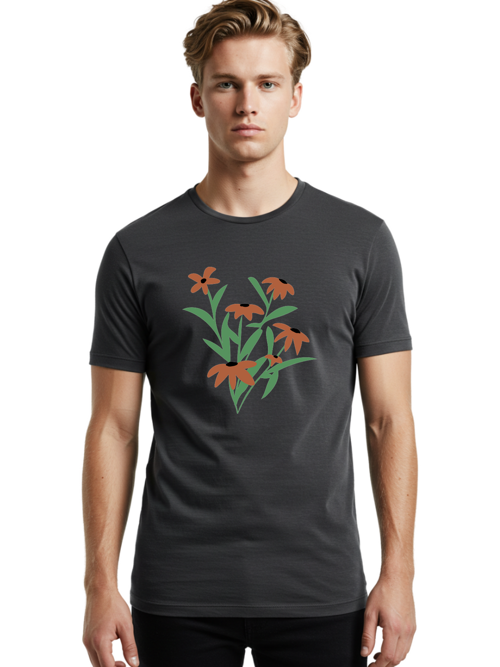 Black-Eyed-Susans-1 Men'S Graphic Tee, 100% Cotton, Comfortable Casual Summer Wear, Machine Washable, Black Eyed Susans, Orange Flowers, Green Leaves, Floral Arrangement, Abstract Art, Minimalist Design, Simple Elegance, Flower Bouquet, Aad998