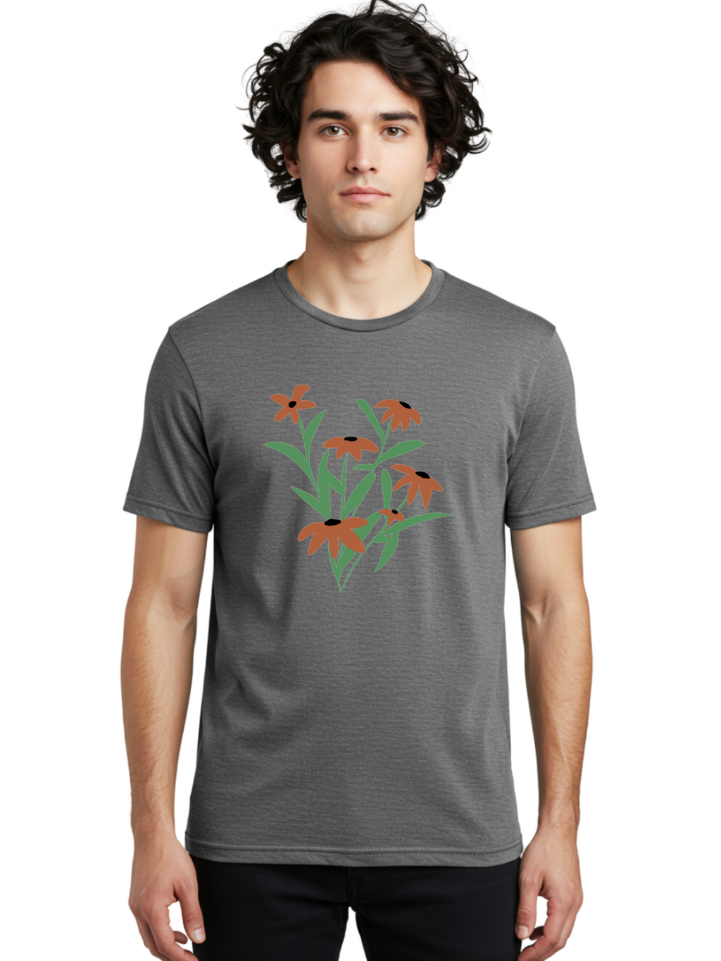 Black-Eyed-Susans-1 Men'S Graphic Tee, 100% Cotton, Comfortable Casual Summer Wear, Machine Washable, Black Eyed Susans, Orange Flowers, Green Leaves, Floral Arrangement, Abstract Art, Minimalist Design, Simple Elegance, Flower Bouquet, Aad998