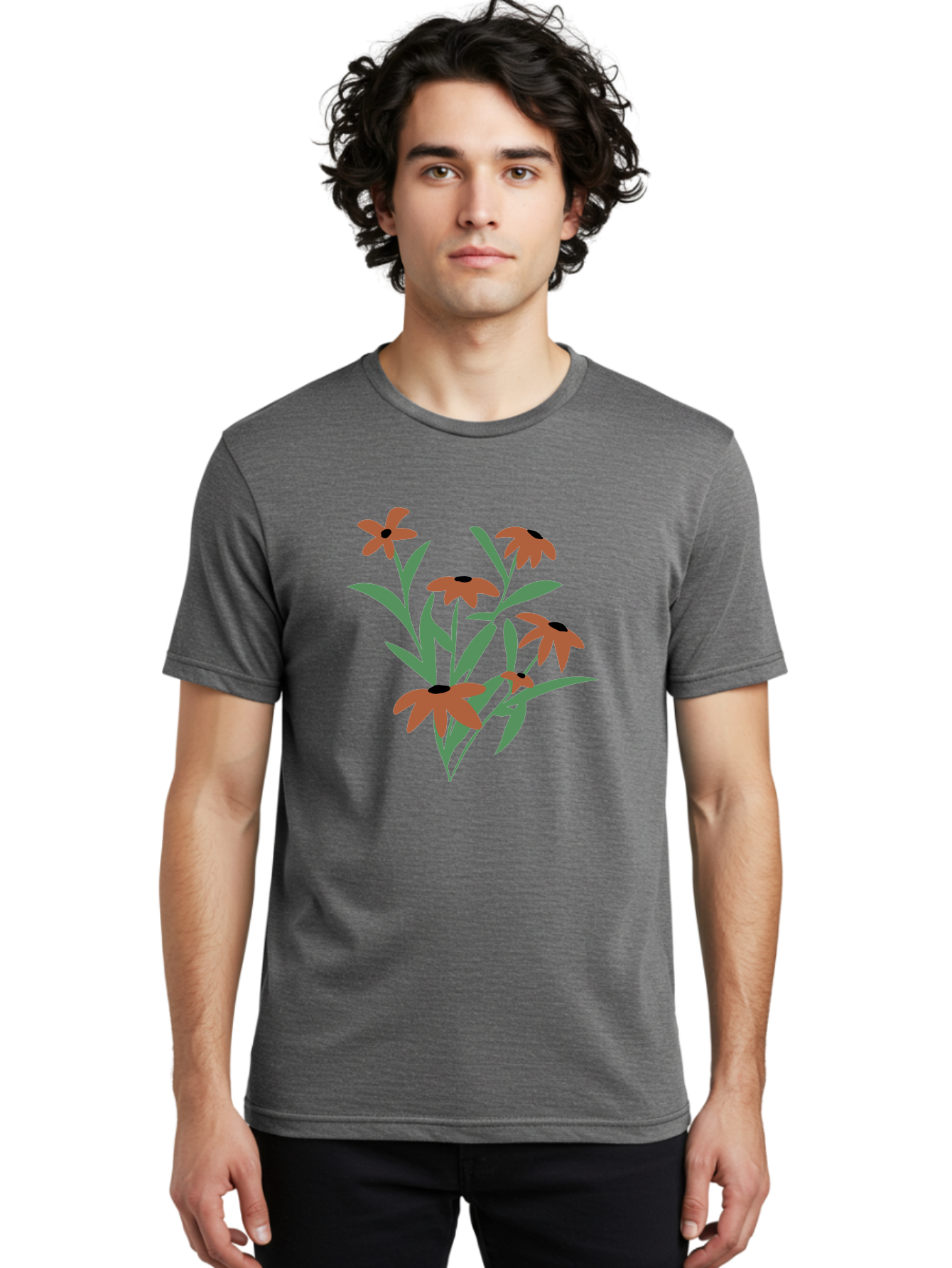 Black-Eyed-Susans-1 Men'S Graphic Tee, 100% Cotton, Comfortable Casual Summer Wear, Machine Washable, Black Eyed Susans, Orange Flowers, Green Leaves, Floral Arrangement, Abstract Art, Minimalist Design, Simple Elegance, Flower Bouquet, Aad998