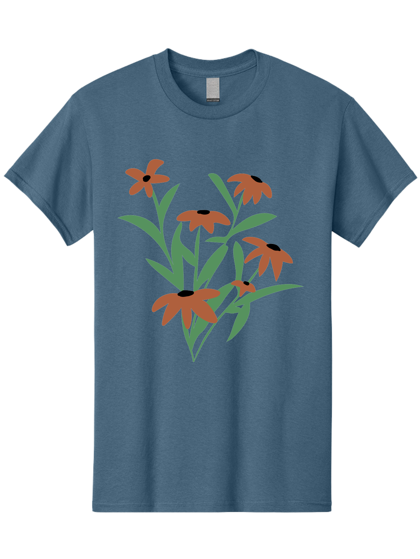Black-Eyed-Susans-1 Men'S Graphic Tee, 100% Cotton, Comfortable Casual Summer Wear, Machine Washable, Black Eyed Susans, Orange Flowers, Green Leaves, Floral Arrangement, Abstract Art, Minimalist Design, Simple Elegance, Flower Bouquet, Aad998