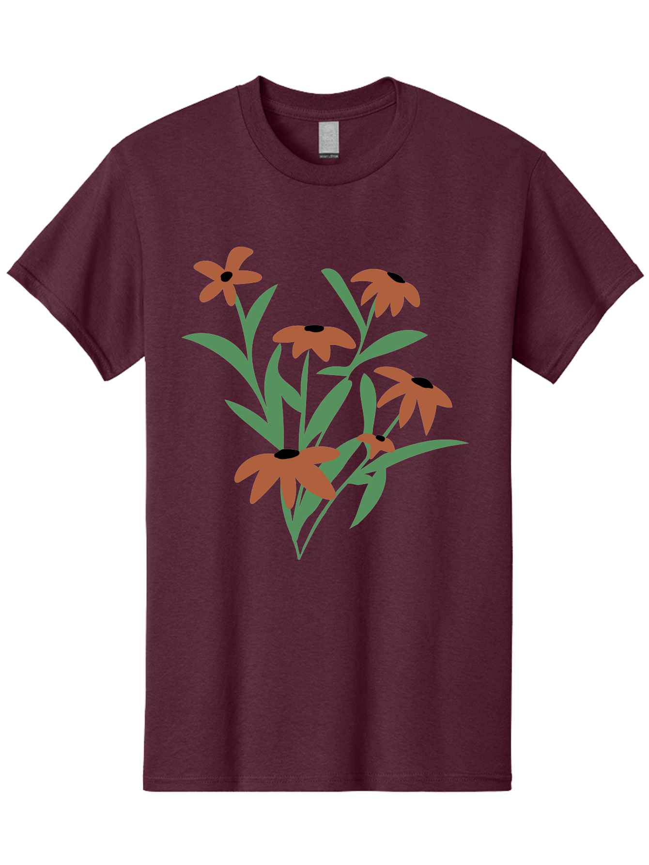 Black-Eyed-Susans-1 Men'S Graphic Tee, 100% Cotton, Comfortable Casual Summer Wear, Machine Washable, Black Eyed Susans, Orange Flowers, Green Leaves, Floral Arrangement, Abstract Art, Minimalist Design, Simple Elegance, Flower Bouquet, Aad998