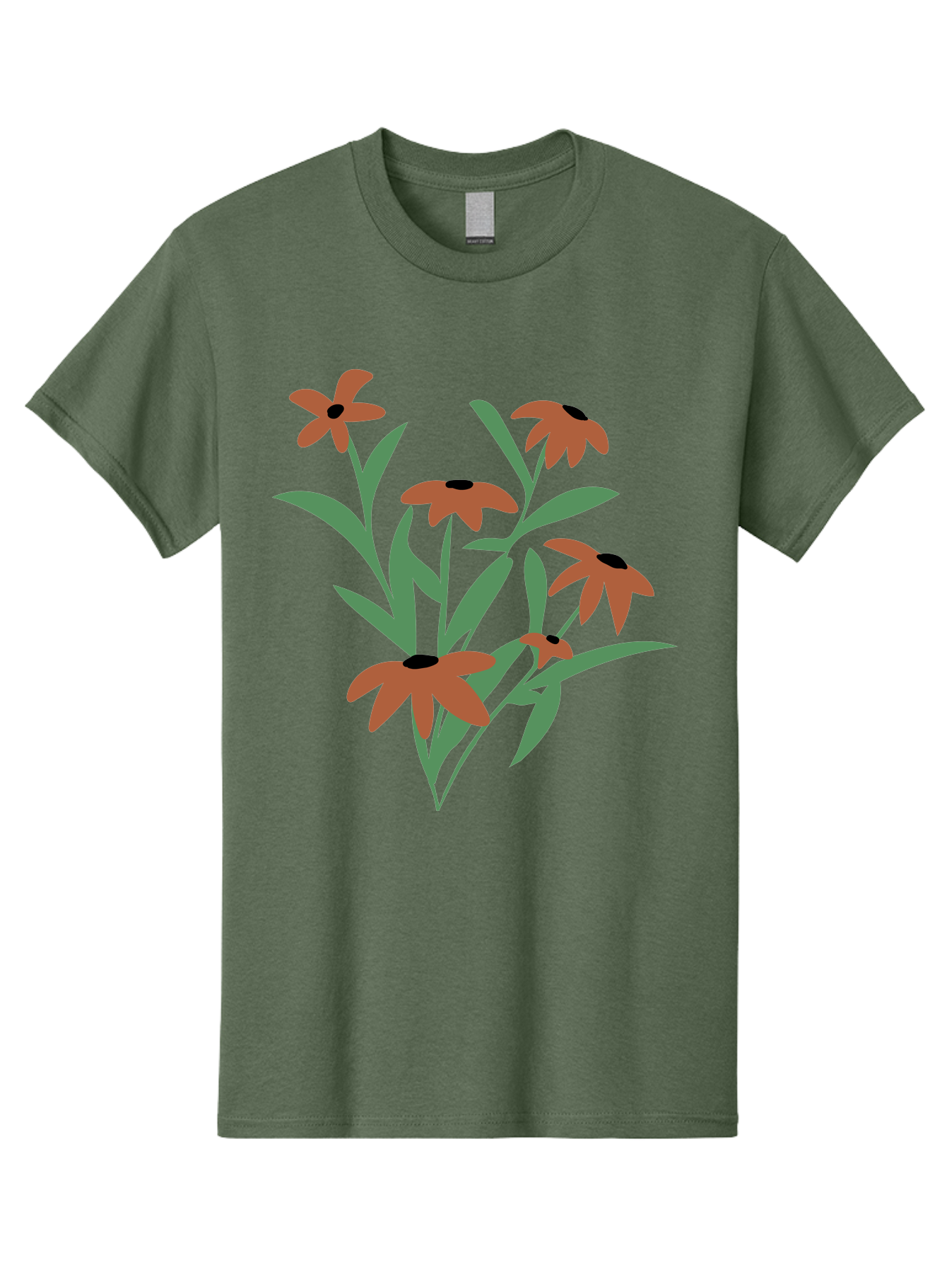 Black-Eyed-Susans-1 Men'S Graphic Tee, 100% Cotton, Comfortable Casual Summer Wear, Machine Washable, Black Eyed Susans, Orange Flowers, Green Leaves, Floral Arrangement, Abstract Art, Minimalist Design, Simple Elegance, Flower Bouquet, Aad998