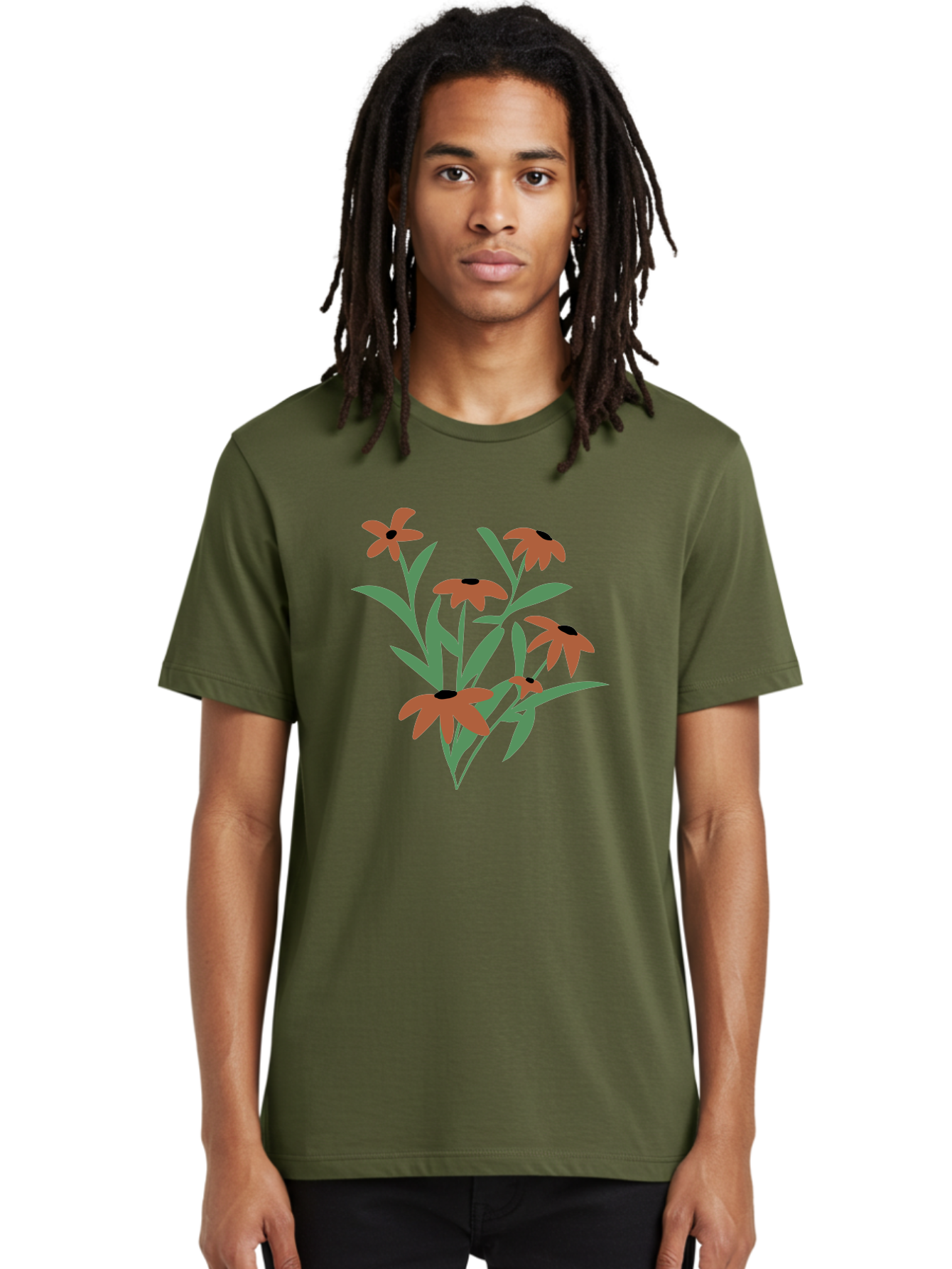 Black-Eyed-Susans-1 Men'S Graphic Tee, 100% Cotton, Comfortable Casual Summer Wear, Machine Washable, Black Eyed Susans, Orange Flowers, Green Leaves, Floral Arrangement, Abstract Art, Minimalist Design, Simple Elegance, Flower Bouquet, Aad998