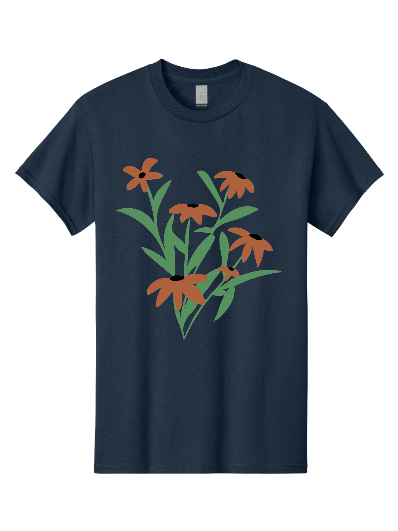 Black-Eyed-Susans-1 Men'S Graphic Tee, 100% Cotton, Comfortable Casual Summer Wear, Machine Washable, Black Eyed Susans, Orange Flowers, Green Leaves, Floral Arrangement, Abstract Art, Minimalist Design, Simple Elegance, Flower Bouquet, Aad998