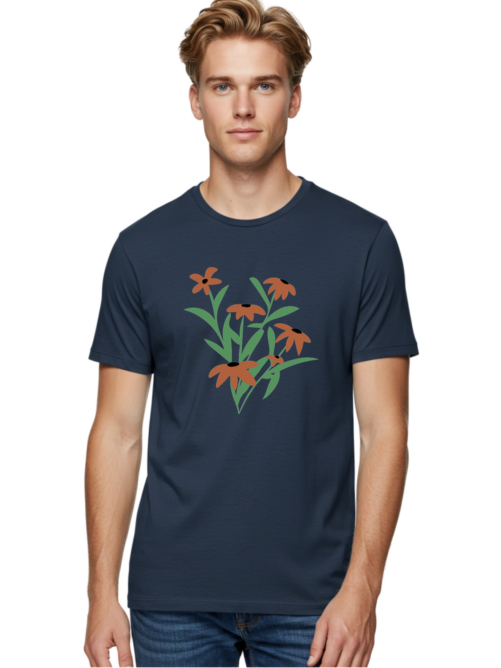 Black-Eyed-Susans-1 Men'S Graphic Tee, 100% Cotton, Comfortable Casual Summer Wear, Machine Washable, Black Eyed Susans, Orange Flowers, Green Leaves, Floral Arrangement, Abstract Art, Minimalist Design, Simple Elegance, Flower Bouquet, Aad998