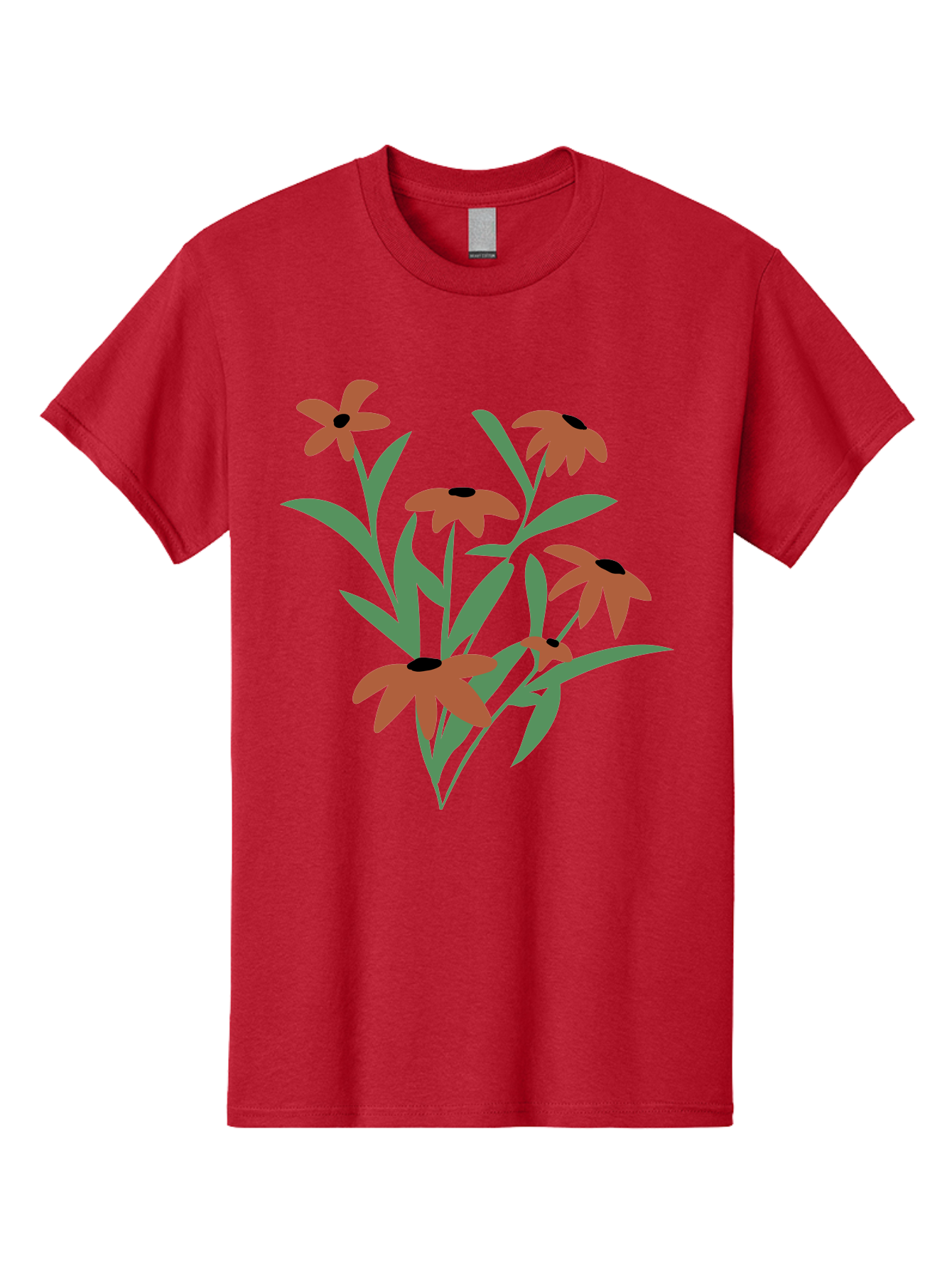 Black-Eyed-Susans-1 Men'S Graphic Tee, 100% Cotton, Comfortable Casual Summer Wear, Machine Washable, Black Eyed Susans, Orange Flowers, Green Leaves, Floral Arrangement, Abstract Art, Minimalist Design, Simple Elegance, Flower Bouquet, Aad998