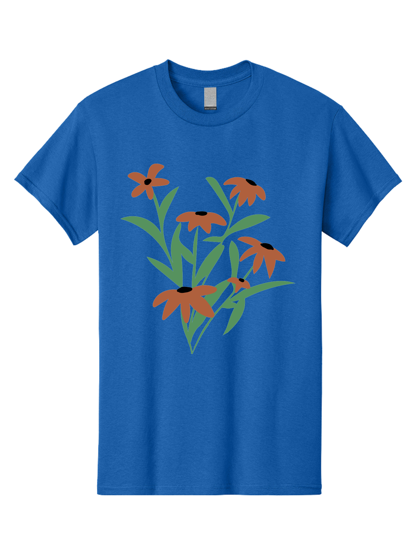 Black-Eyed-Susans-1 Men'S Graphic Tee, 100% Cotton, Comfortable Casual Summer Wear, Machine Washable, Black Eyed Susans, Orange Flowers, Green Leaves, Floral Arrangement, Abstract Art, Minimalist Design, Simple Elegance, Flower Bouquet, Aad998