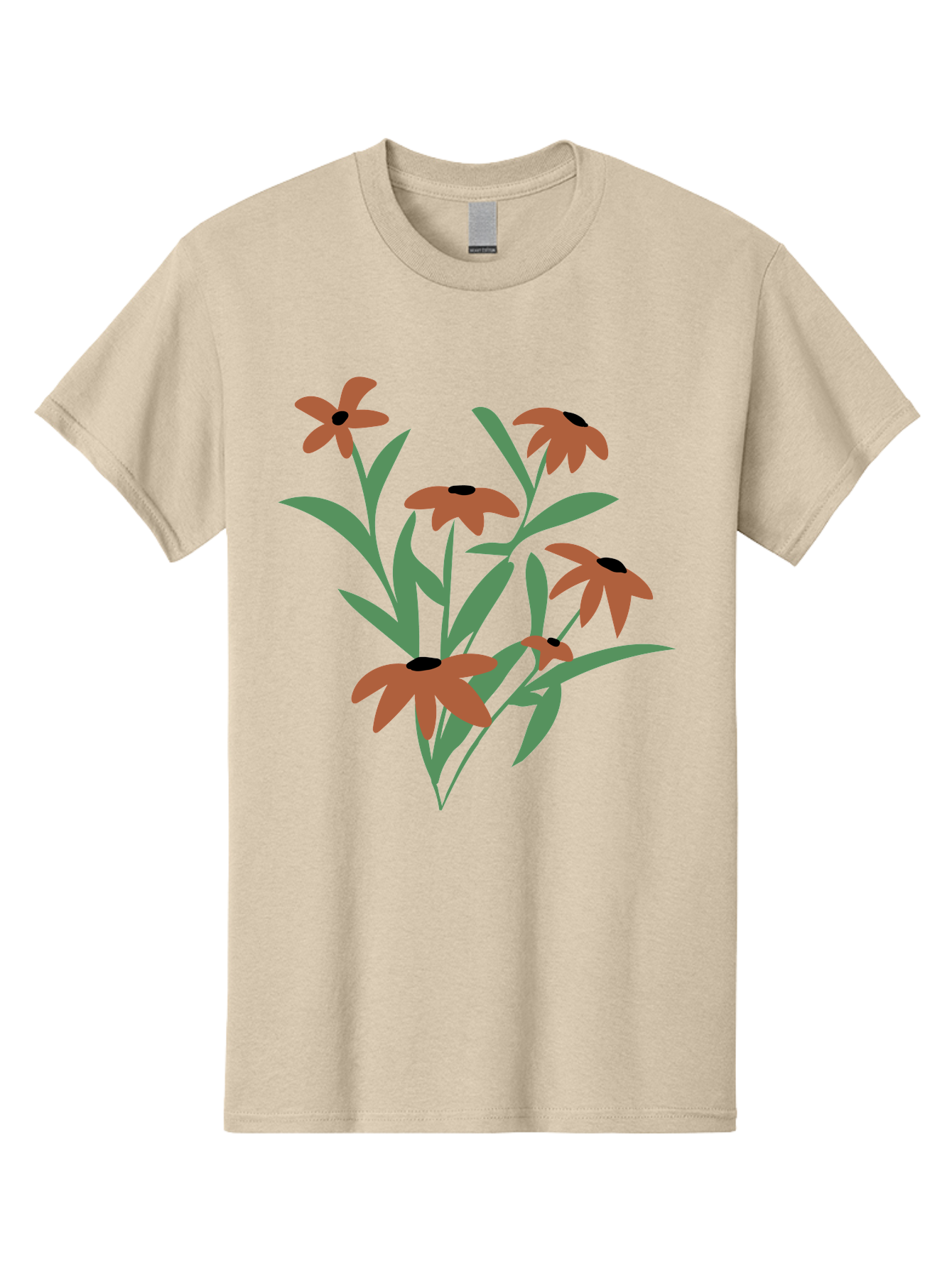 Black-Eyed-Susans-1 Men'S Graphic Tee, 100% Cotton, Comfortable Casual Summer Wear, Machine Washable, Black Eyed Susans, Orange Flowers, Green Leaves, Floral Arrangement, Abstract Art, Minimalist Design, Simple Elegance, Flower Bouquet, Aad998